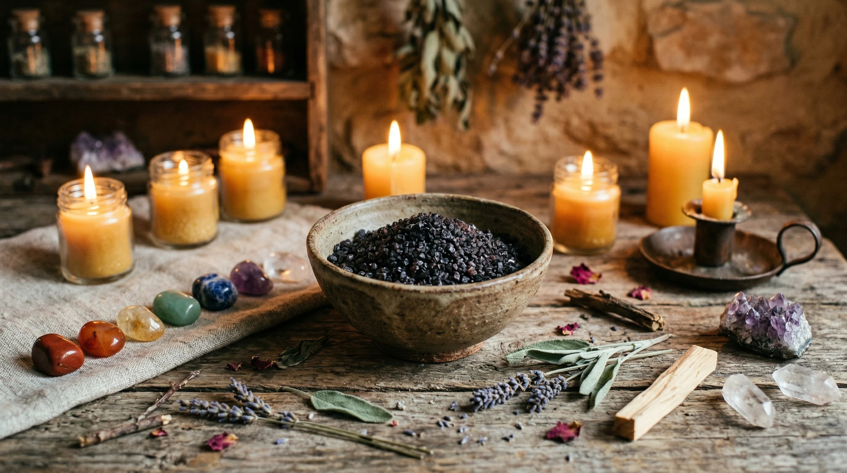 A rustic bowl of black salt crystals surrounded by glowing candles, arranged on a wooden surface with chakra stones nearby. Black salt granules look rich and dark, with herbs and natural elements scattered around, evoking calm, purification, and grounding energy.