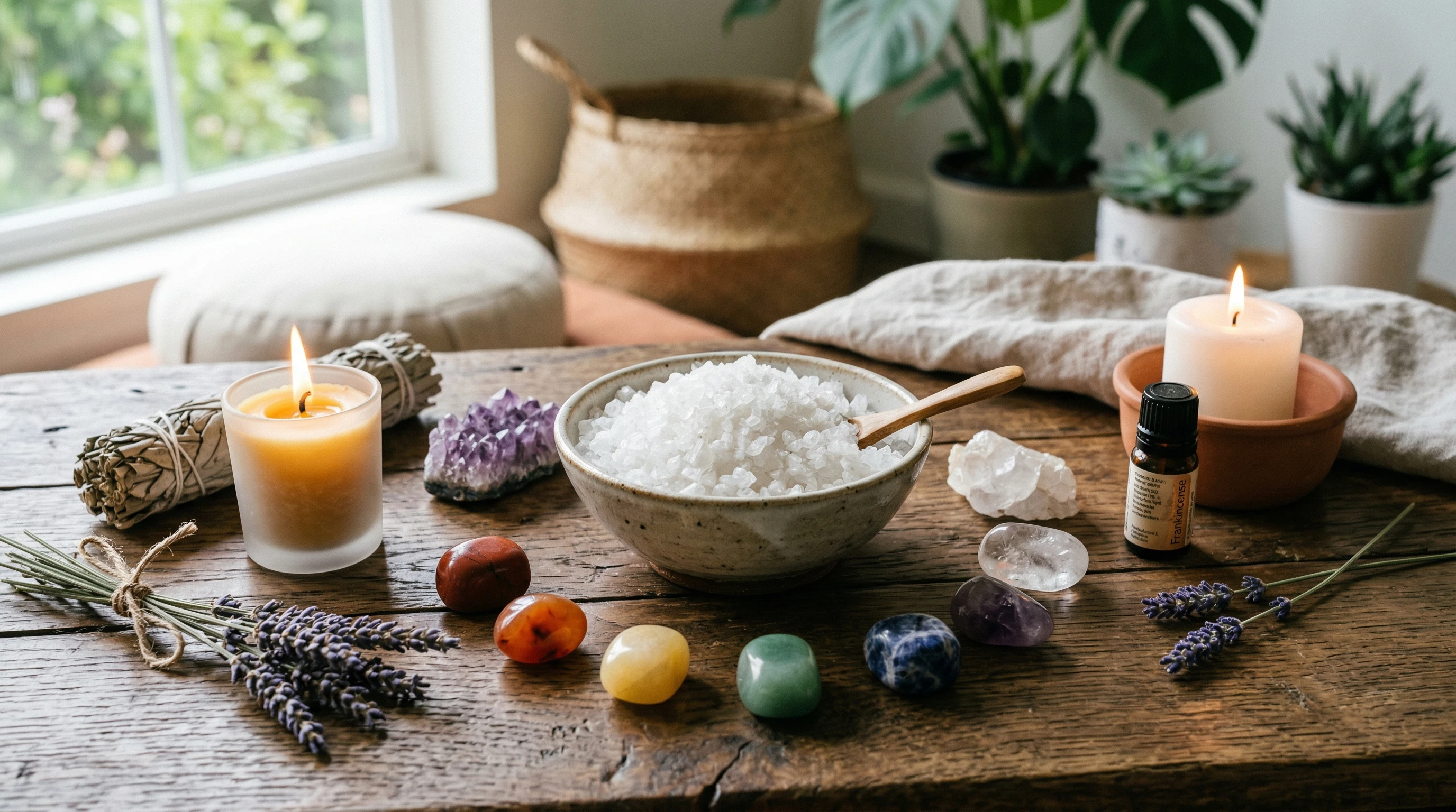 Bowl of Dead Sea salt crystals on a wooden surface, with colorful chakra stones beside it, surrounded by candles and soft natural lighting.