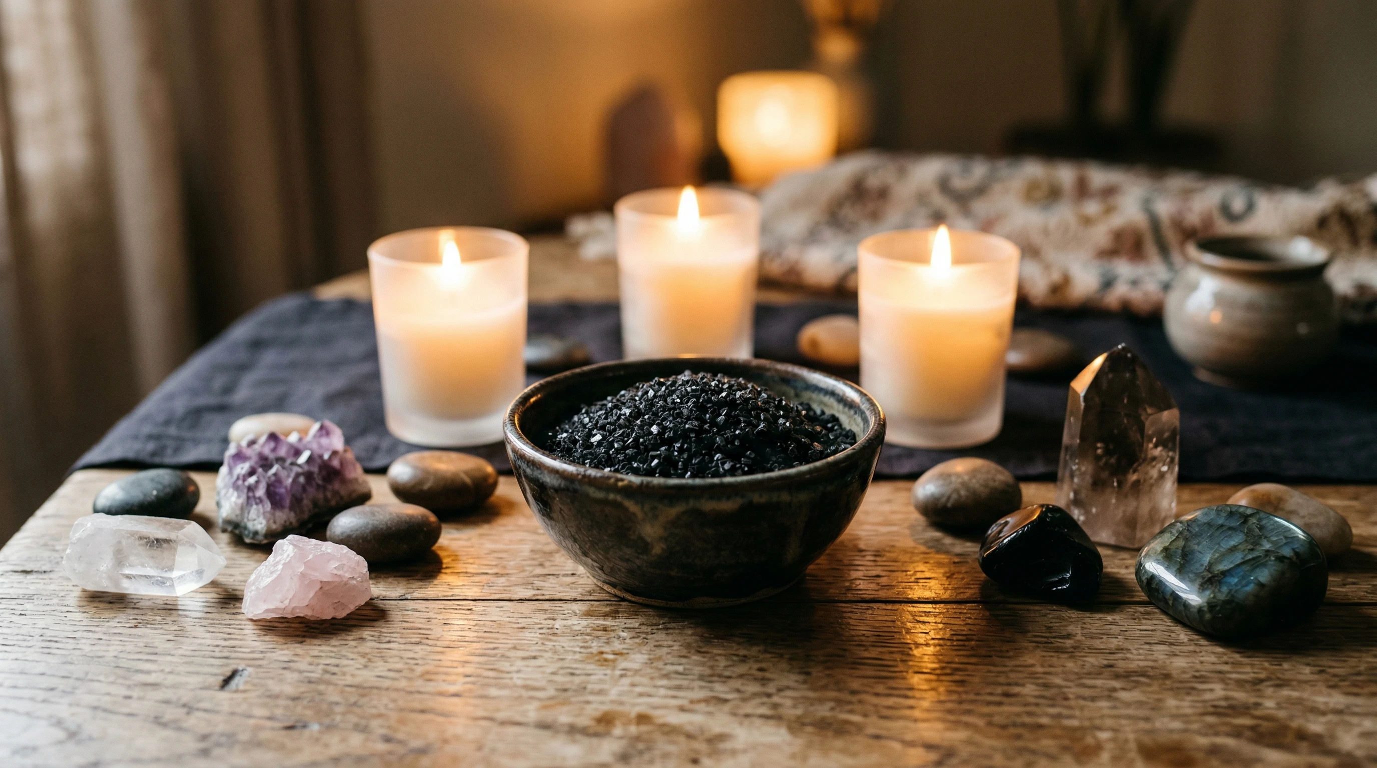 A small bowl of black lava salt on a wooden table, surrounded by smooth stones and a candle.
