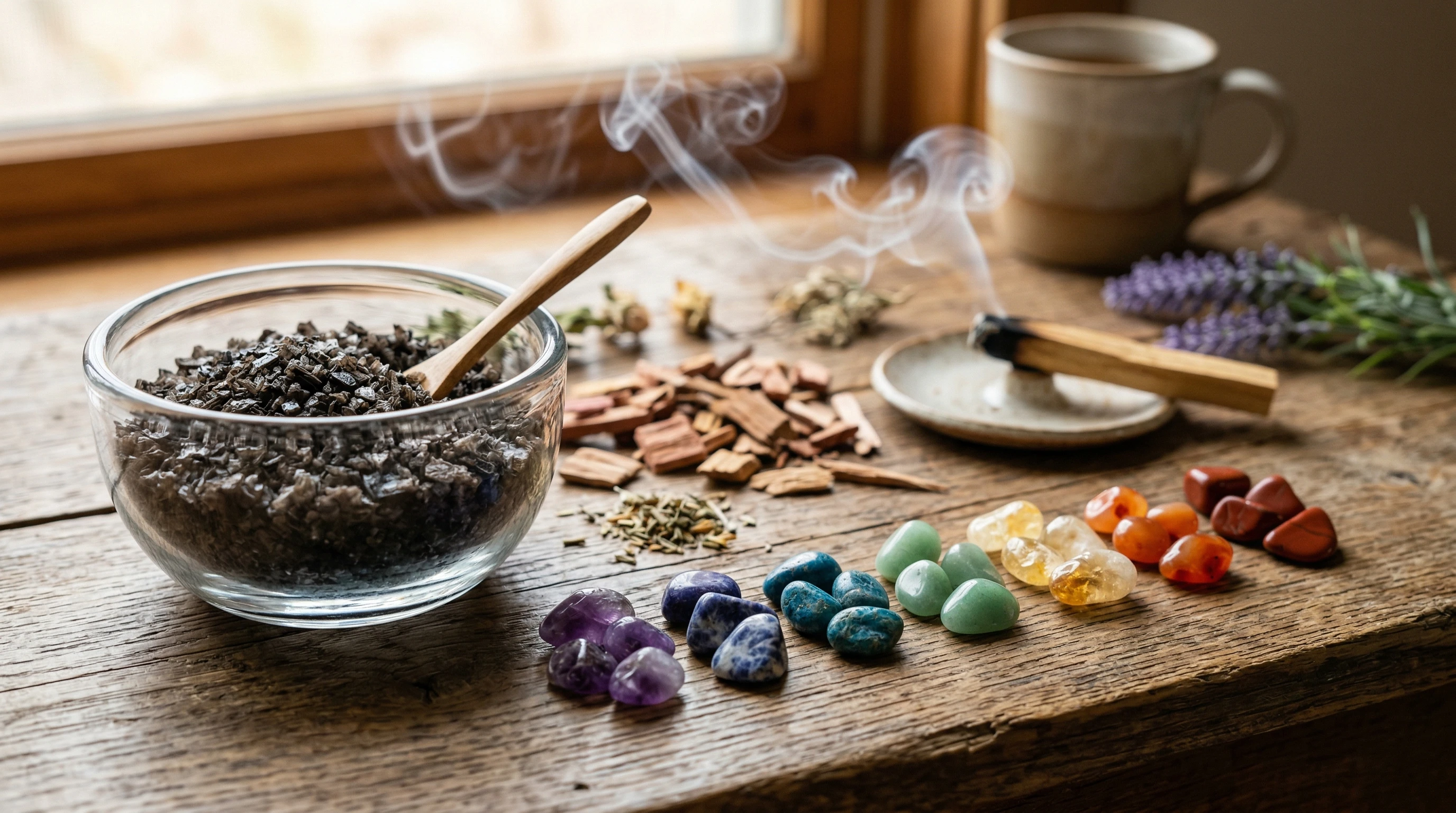 Crystal bowl of smoked sea salt with wood chips and colorful chakra stones on a natural table