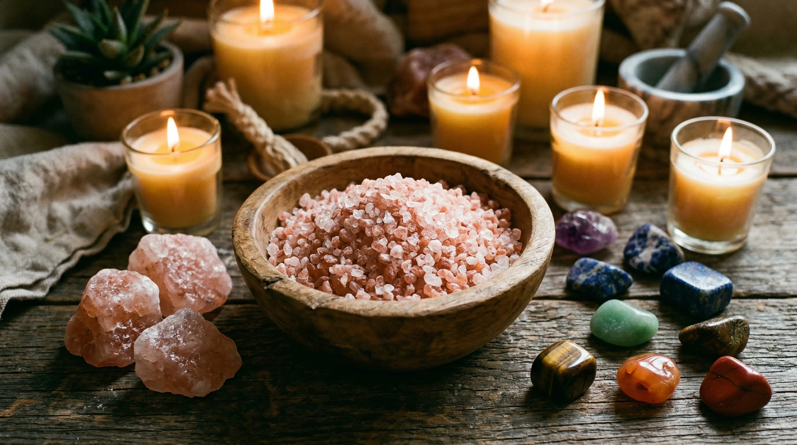Pink Bolivian rose salt crystals in a wooden bowl with a few larger salt rocks on a rustic surface, surrounded by glowing candles and various chakra gemstones.