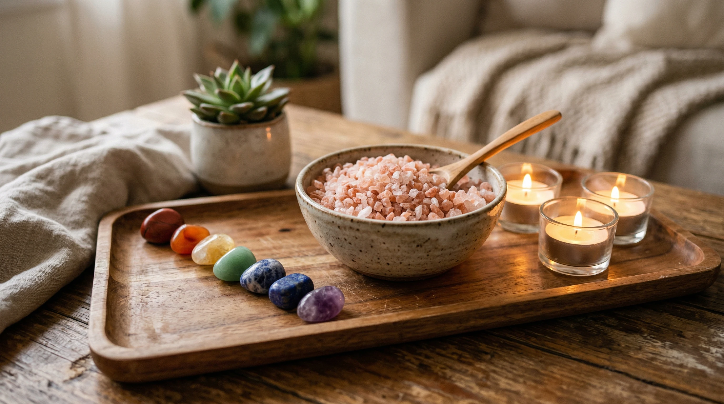 A bowl filled with coarse pink rock salt crystals, set beside lit tea candles and colorful chakra stones, arranged on a wooden tray for a relaxing atmosphere.