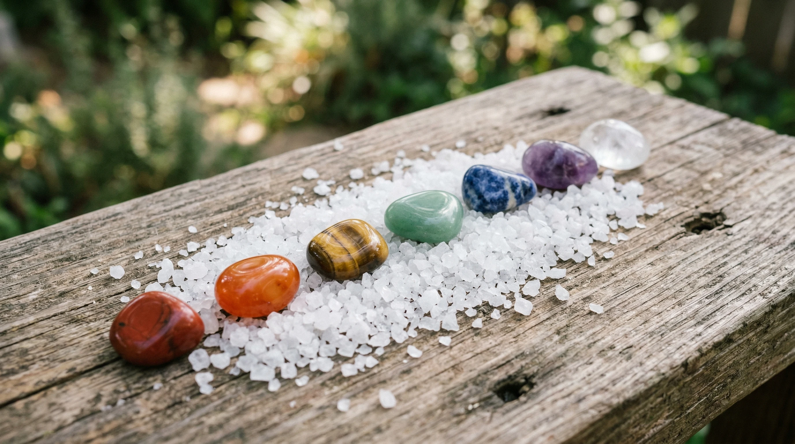 White sea salt crystals and chakra stones arranged on a serene background