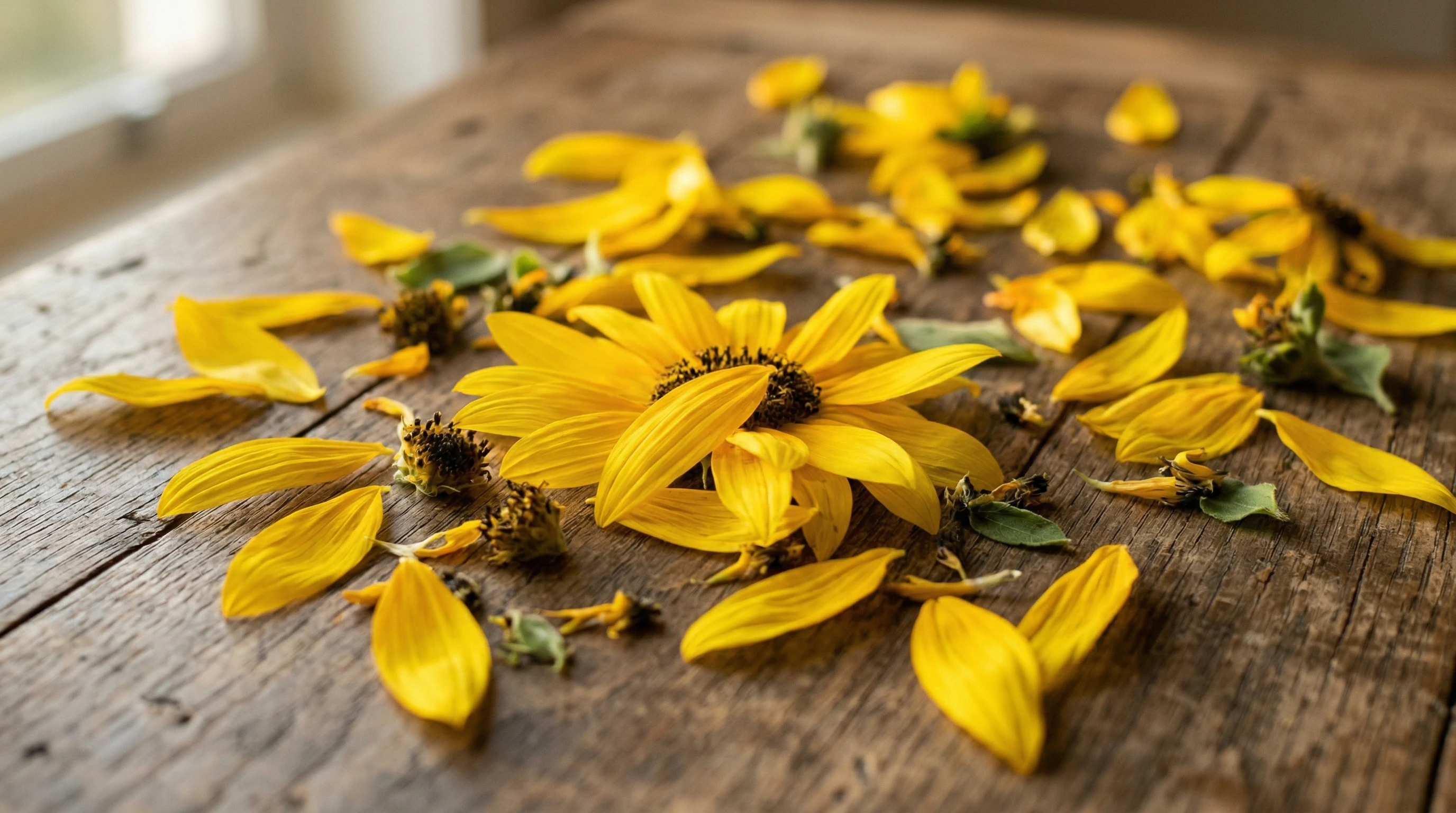 Bright yellow sunflower petals scattered over a wooden surface with warm natural light 