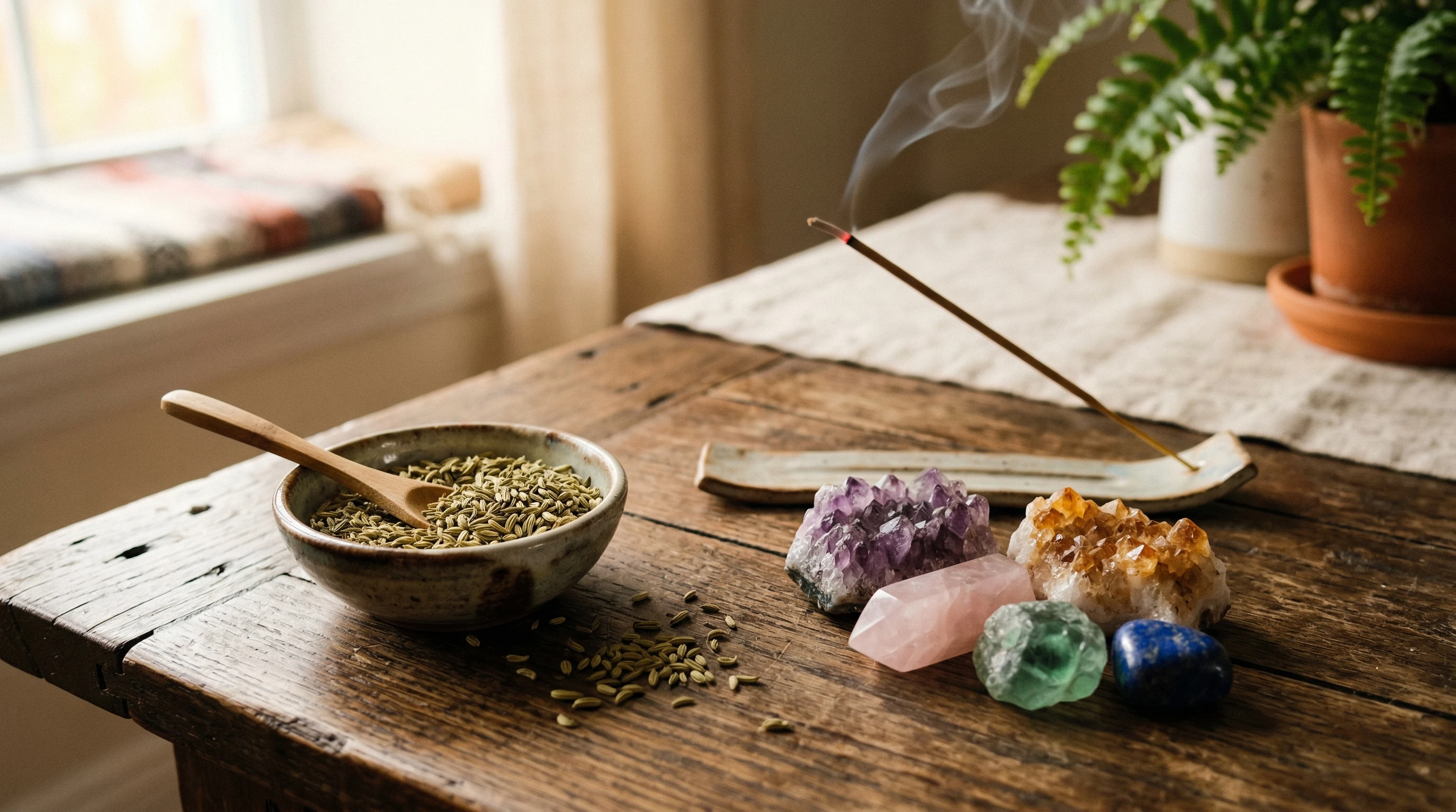 A bowl of fennel seeds alongside colorful crystals and a burning incense stick, set on a wooden table with soft, natural lighting.