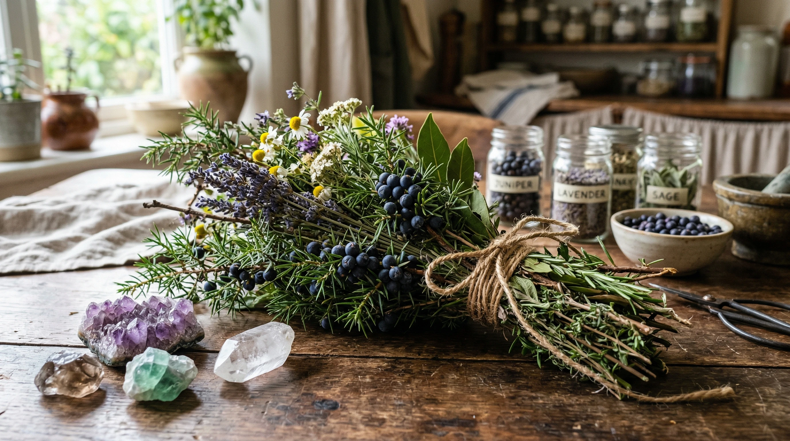 A vibrant bundle of fresh juniper berries, twigs, and dried herbs in a rustic setting, with soft natural lighting and crystals nearby.