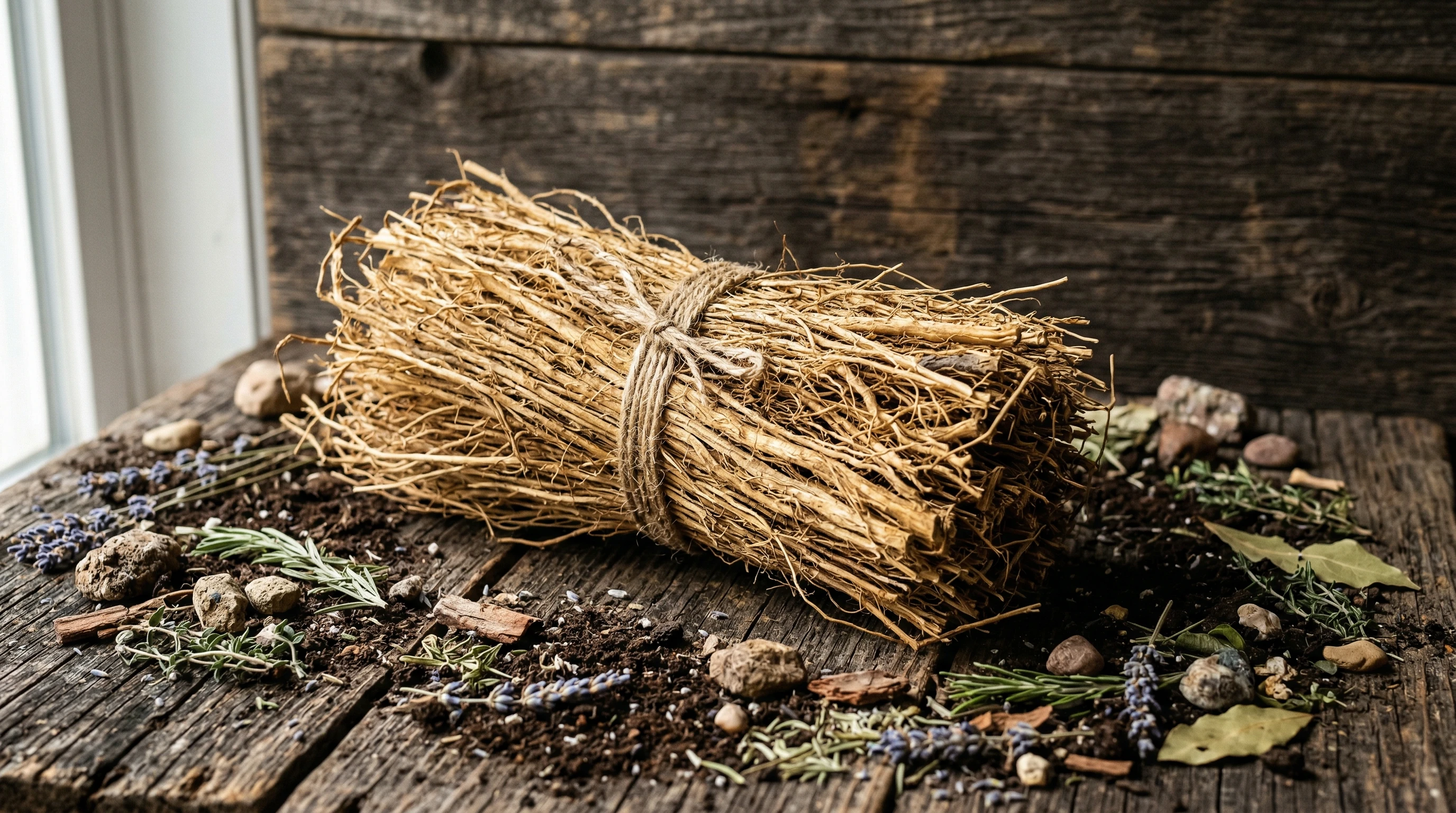 A bundle of dried vetiver roots with a rustic wooden background, surrounded by scattered earth, stones, and herbs.