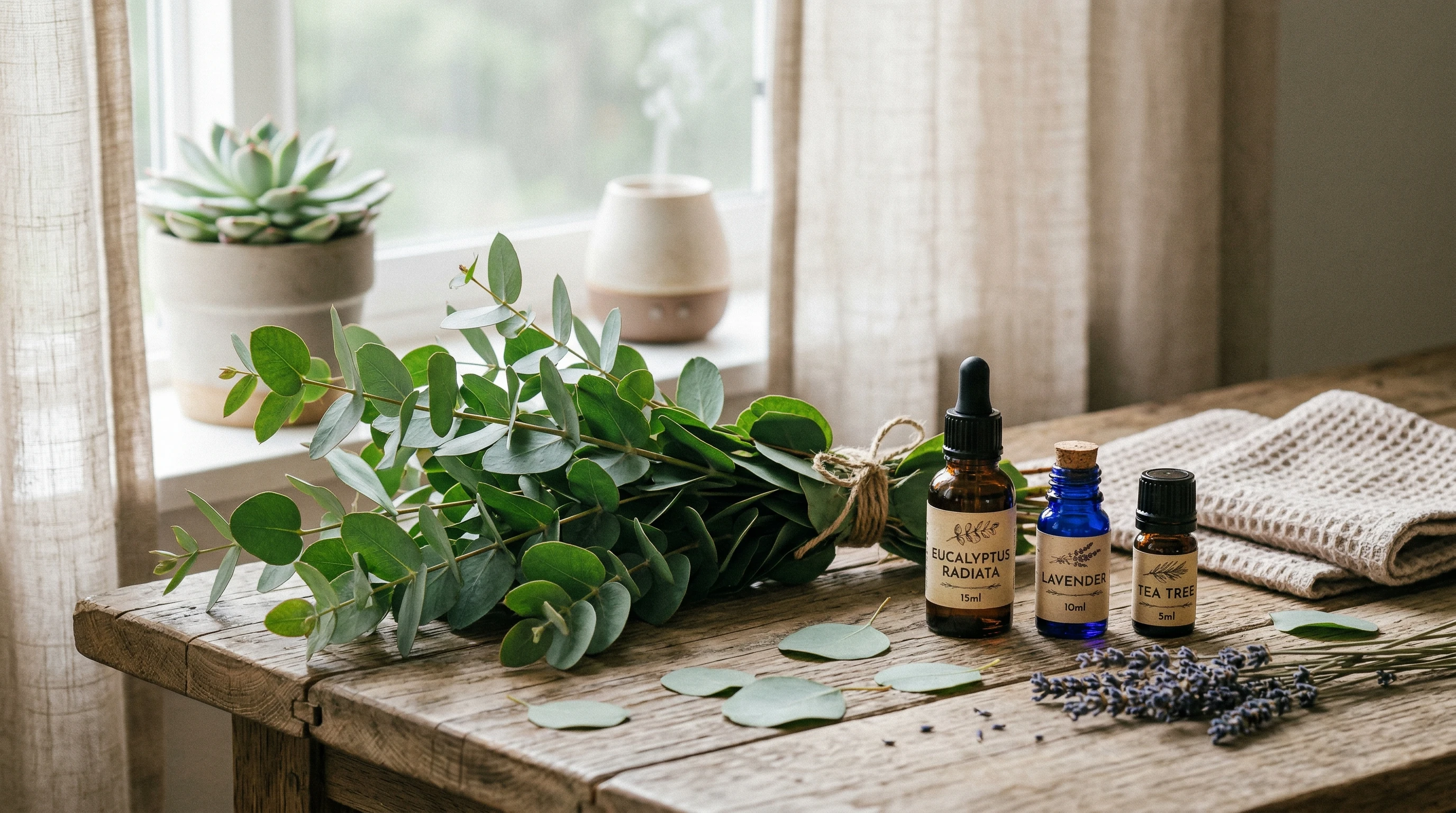 A bundle of fresh eucalyptus branches and essential oil bottles set on a wooden surface, surrounded by soft natural light, giving a peaceful and spa-like atmosphere.