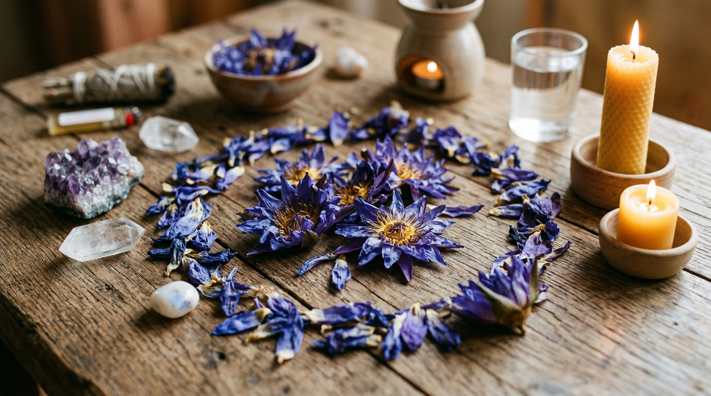Dried blue lotus flower buds beautifully arranged on a wooden surface with candles and crystals nearby