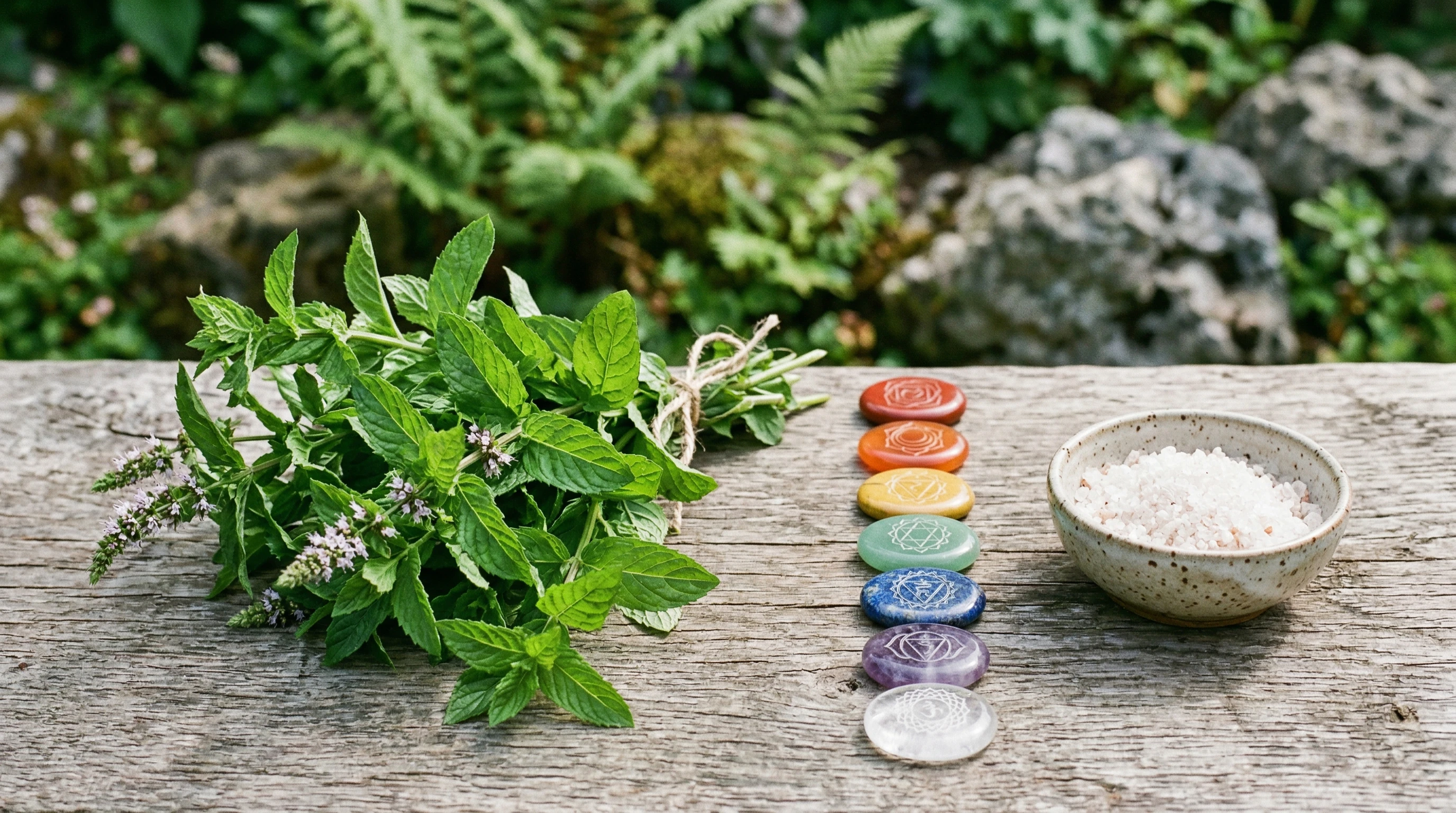 A fresh bunch of peppermint leaves laid out beside chakra symbols and a small bowl of sea salt