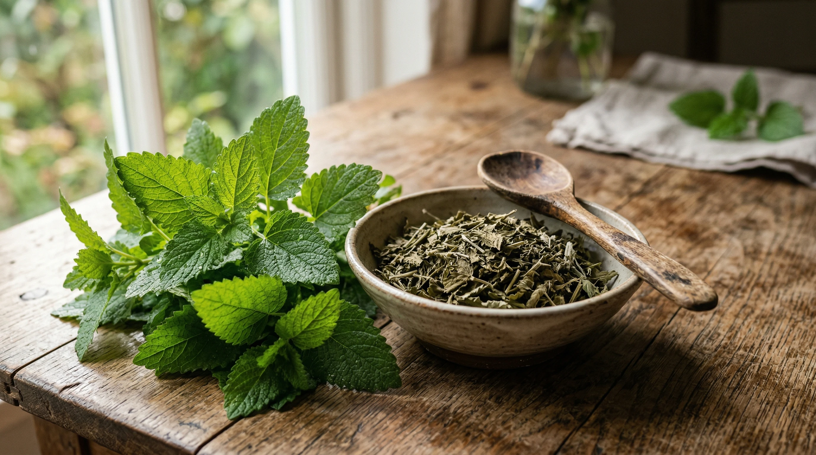 Fresh lemon balm leaves next to a bowl of dried lemon balm and a wooden spoon on a natural background