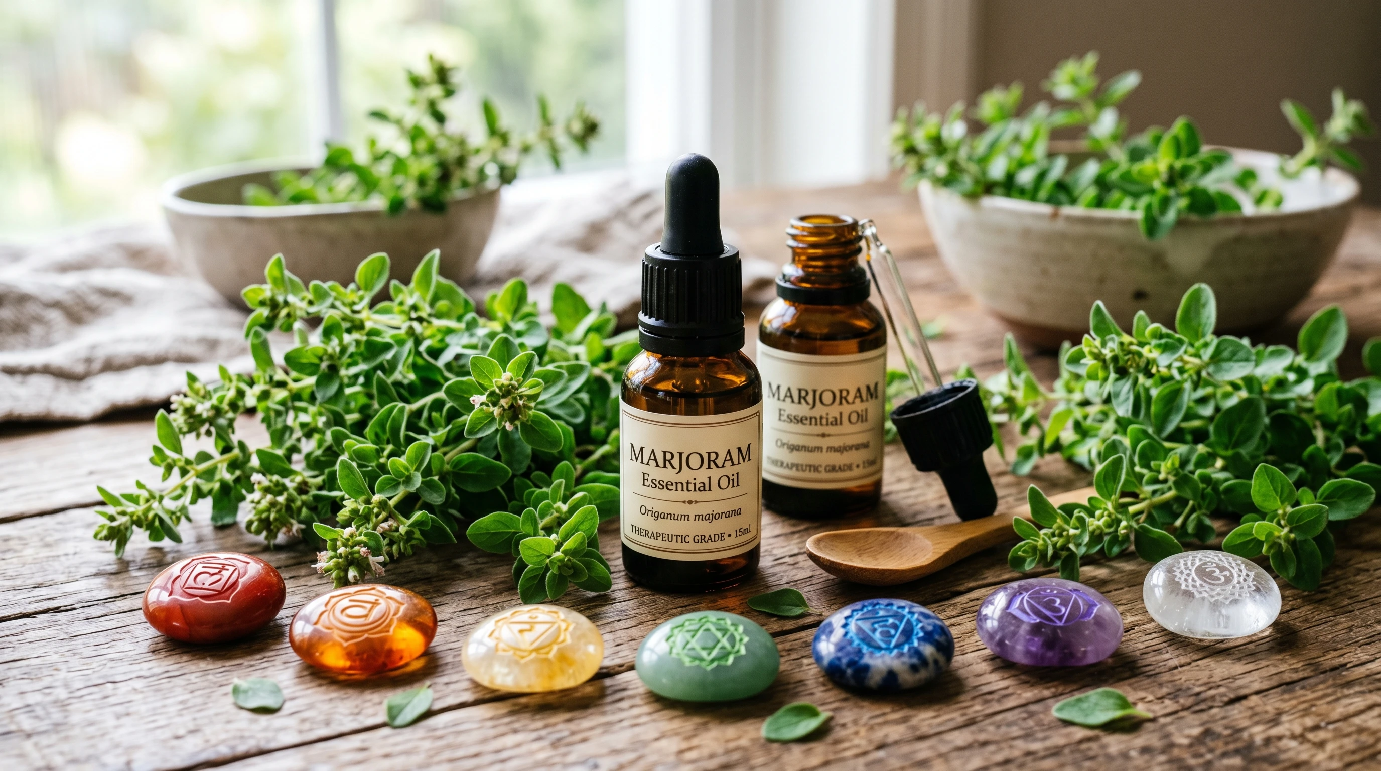 Aromatic marjoram essential oil bottles on a natural herbal background