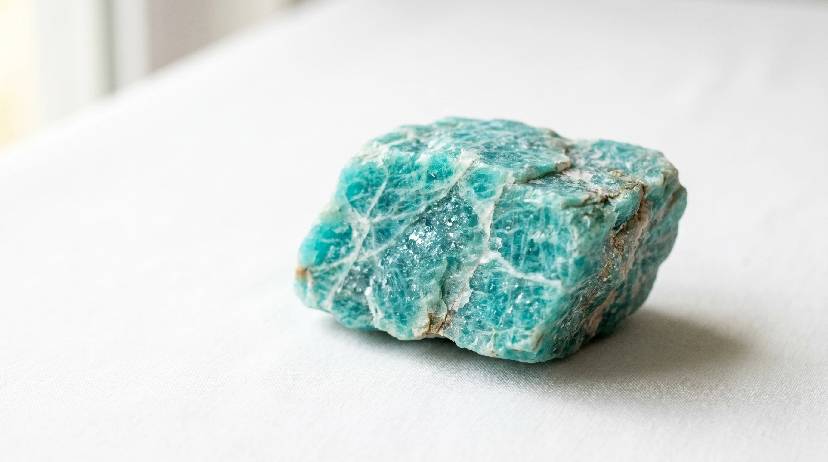 A piece of natural amazonite crystal on a white background