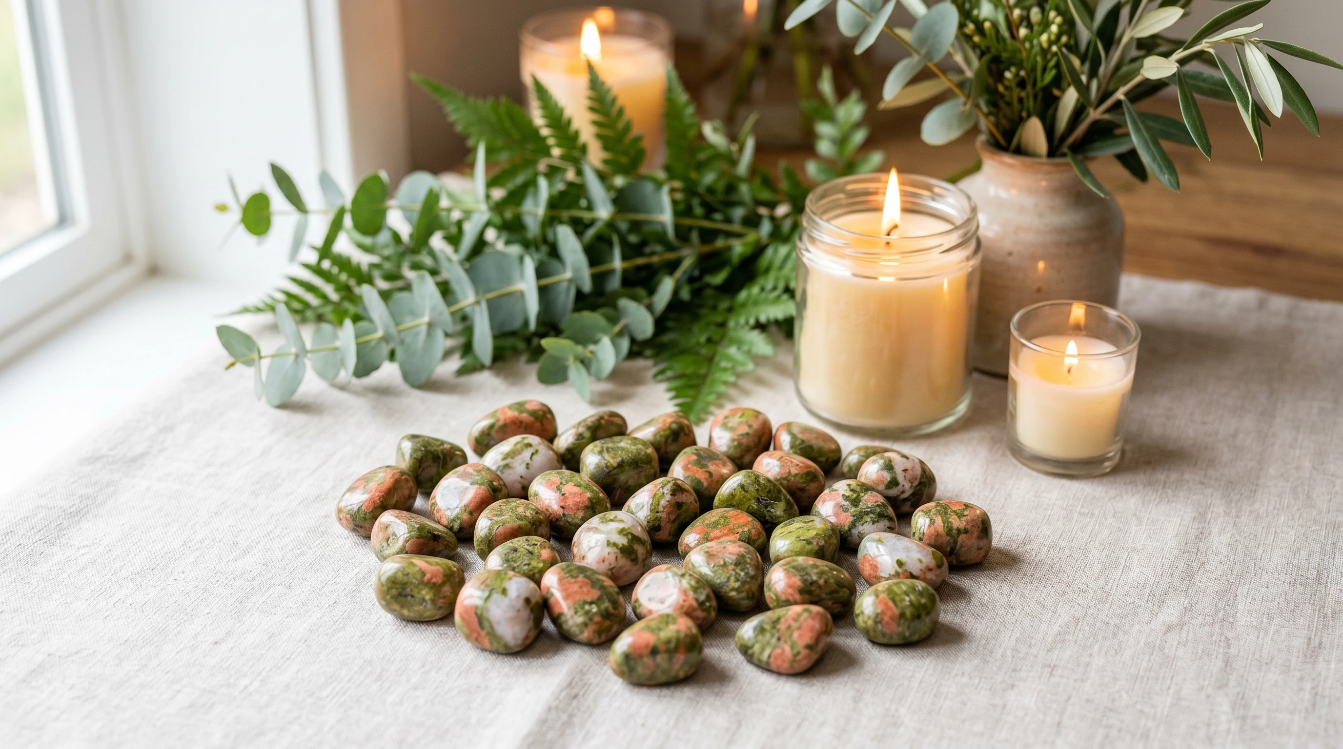 Photograph of tumbled unakite stones on a neutral background. Green and pink colors are visible, and a candle sits beside the stones.
