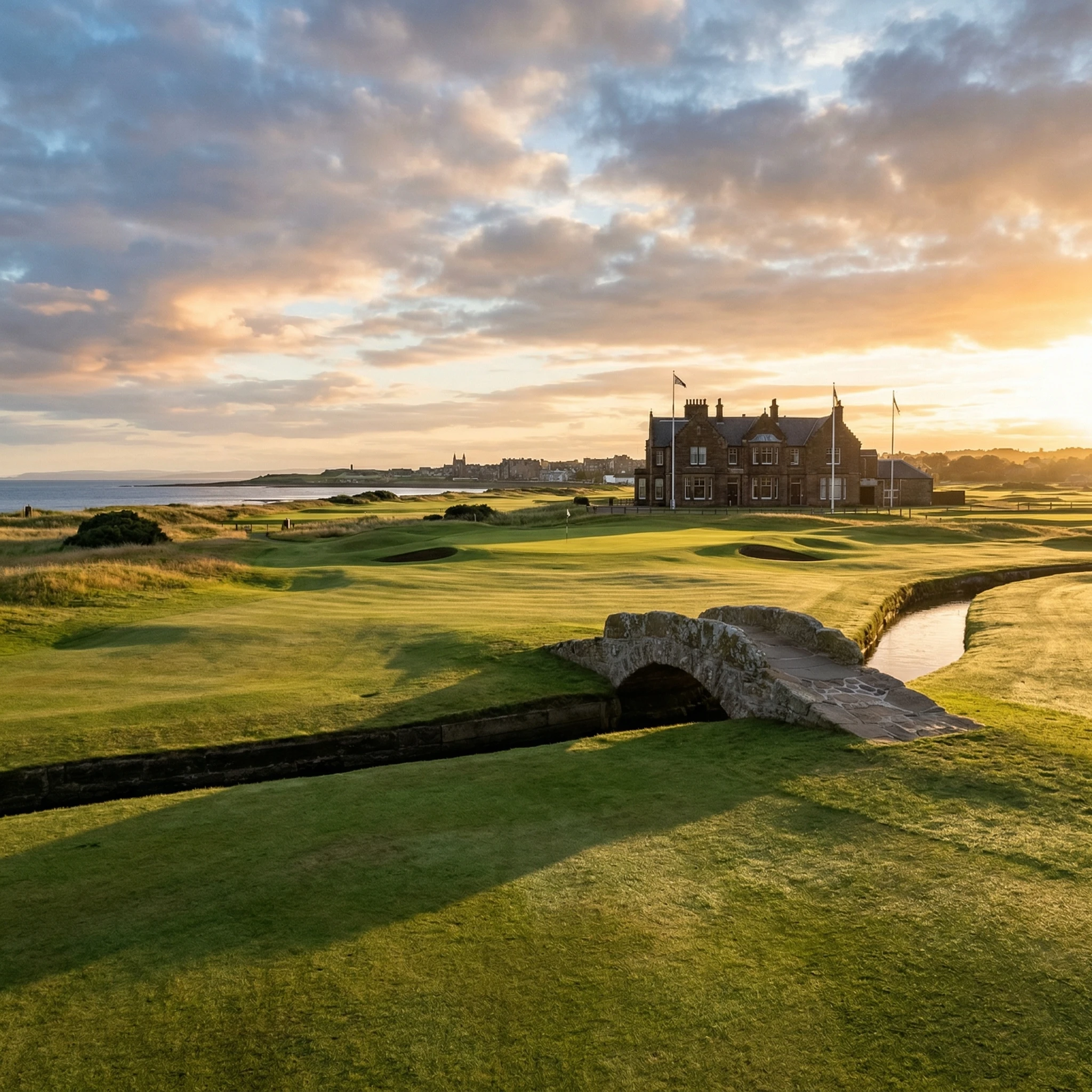 Photorealistic sunrise view of the Old Course at St Andrews, Scotland. Wide angle shot showing the 18th fairway, Swilcan Bridge, and the historic clubhouse. Golden hour lighting, long shadows, crisp links grass, dramatic sky, no people, no logos, professional golf photography style.