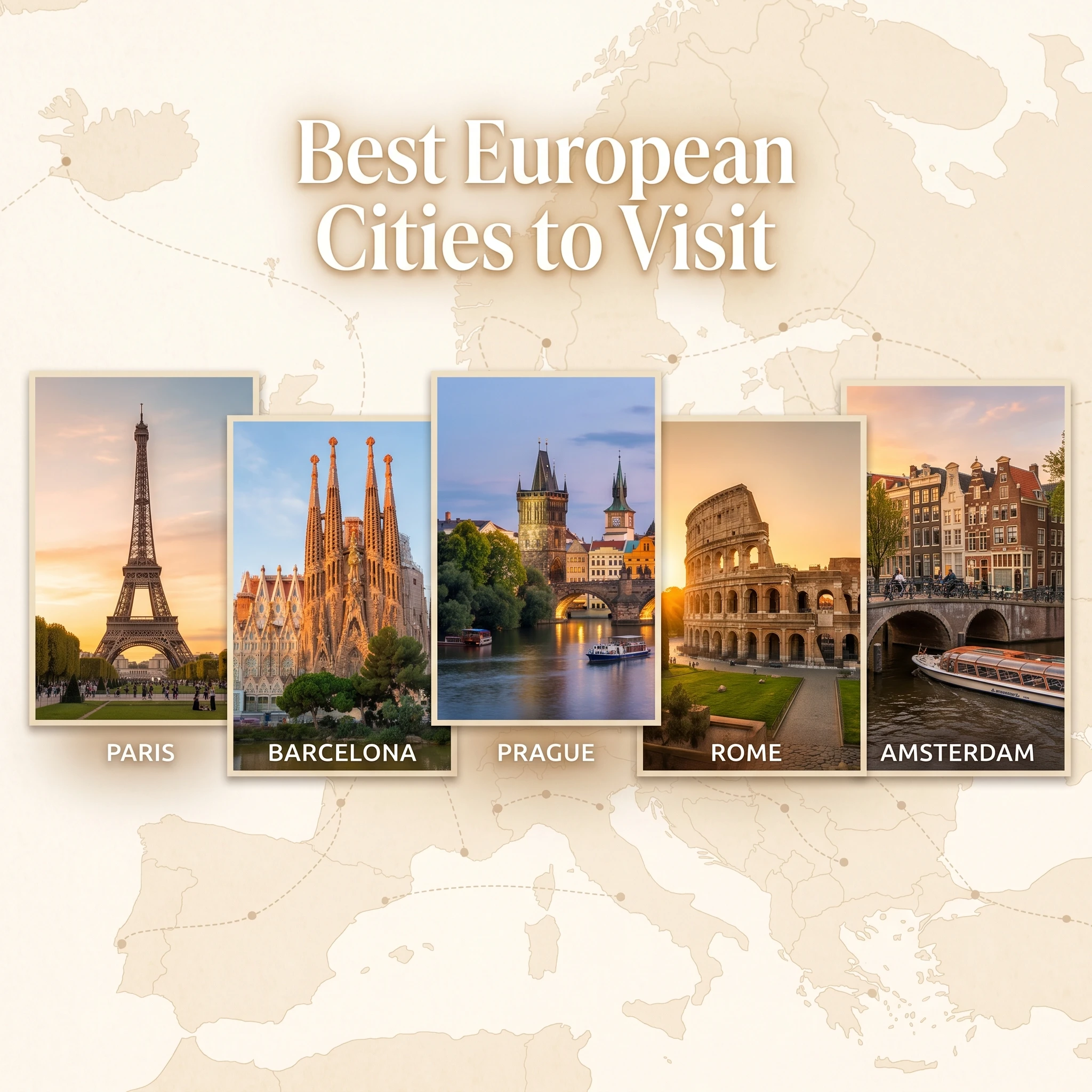 A warm, modern travel collage featuring iconic European landmarks: Eiffel Tower in Paris, Sagrada Família in Barcelona, Charles Bridge in Prague, Colosseum in Rome, and Amsterdam canals. Soft golden-hour lighting, clean layout, subtle map texture in the background, elegant typography reading “Best European Cities to Visit”. Vibrant but natural colours, friendly and inviting travel aesthetic, wide rectangular banner format suitable for a website header.