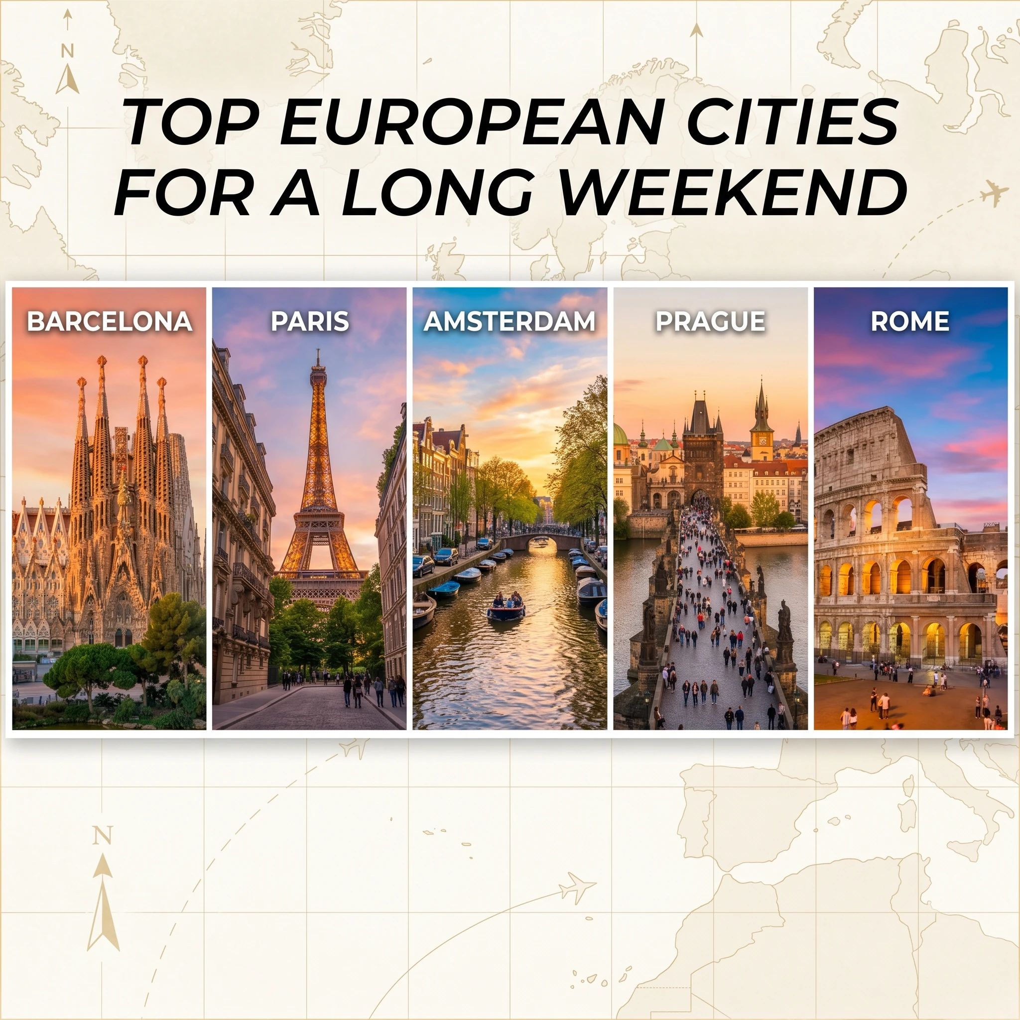 A bright, modern travel collage featuring iconic European weekend‑break cities: Barcelona’s Sagrada Família, Paris Eiffel Tower, Amsterdam canals, Prague’s Charles Bridge, and Rome’s Colosseum. Clean layout with warm golden-hour lighting, vibrant colours, and subtle map texture in the background. Bold, stylish title text reading “Top European Cities for a Long Weekend”. Wide rectangular banner format suitable for a website header.