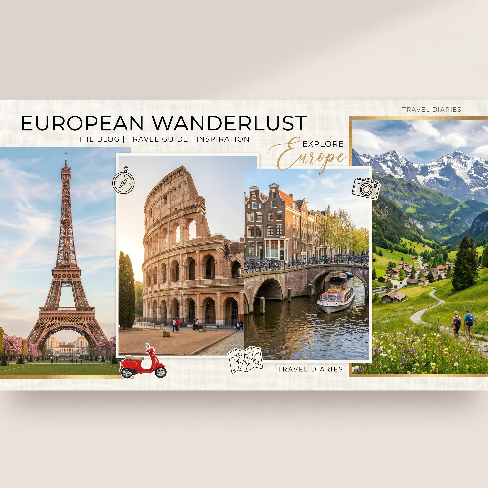 “A scenic collage-style image showing iconic European landmarks such as the Eiffel Tower, Colosseum, Amsterdam canals, and Swiss Alps, with soft natural lighting, warm travel tones, and a clean modern layout suitable for a travel blog header.”
