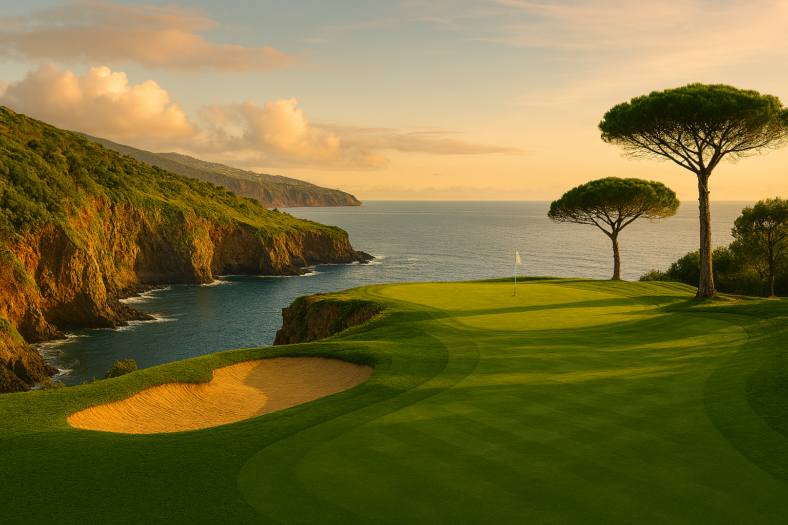 Create an original artistic image inspired by a lush coastal golf course in Madeira. Show a cliffside fairway overlooking the Atlantic Ocean, surrounded by subtropical vegetation and dramatic volcanic terrain. Include warm sunset lighting and a modern clubhouse in the distance.