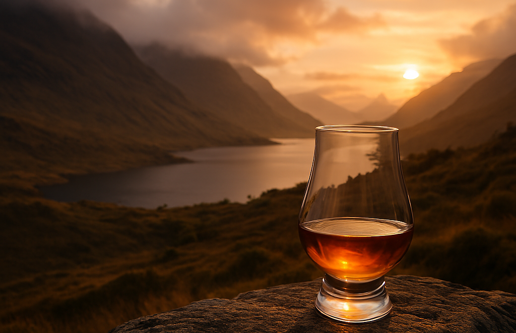 A warm golden-hour Highland landscape with rolling hills and a calm loch in the background, a single unbranded whisky glass resting on a weathered rock in the foreground, soft focus on the scenery, atmospheric and premium feel