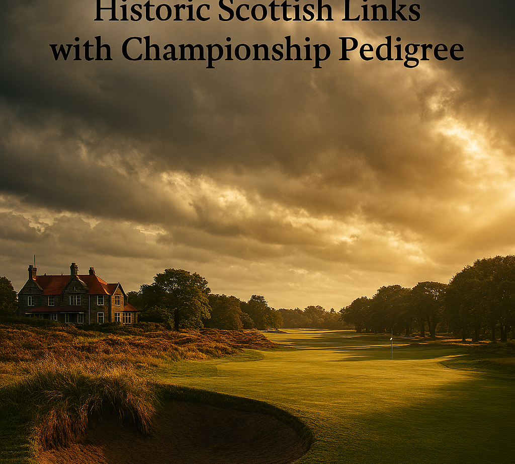 A dramatic, moody image of Panmure Golf Club near Carnoustie, Scotland. Dark stormy clouds rolling over the links, strong side‑light breaking through to illuminate the fairway. Windswept rough, pot bunkers casting deep shadows, and a sense of intensity and history. No golfers present — just the raw, powerful atmosphere of a classic Scottish links.