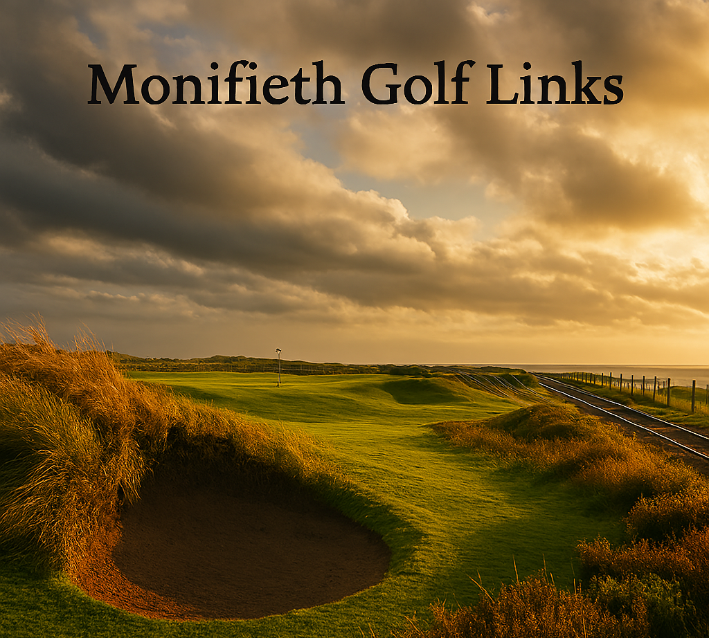 A windswept image of Monifieth Golf Links in Angus, Scotland. The Medal Course is shown with firm, fast fairways, low coastal light, and the railway line running alongside the inward holes. Heather and gorse in the foreground, distant dunes and flags visible. No golfers present — just the raw, historic feel of a classic links.