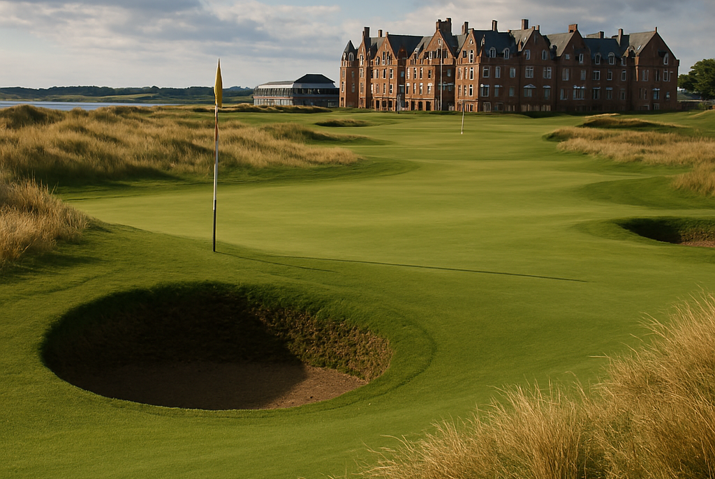 Create a dramatic Scottish links-style image inspired by Carnoustie: rolling fescue dunes, pot bunkers, a narrow fairway leading toward a distant clubhouse, with the Barry Burn winding through the scene under a moody coastal sky.