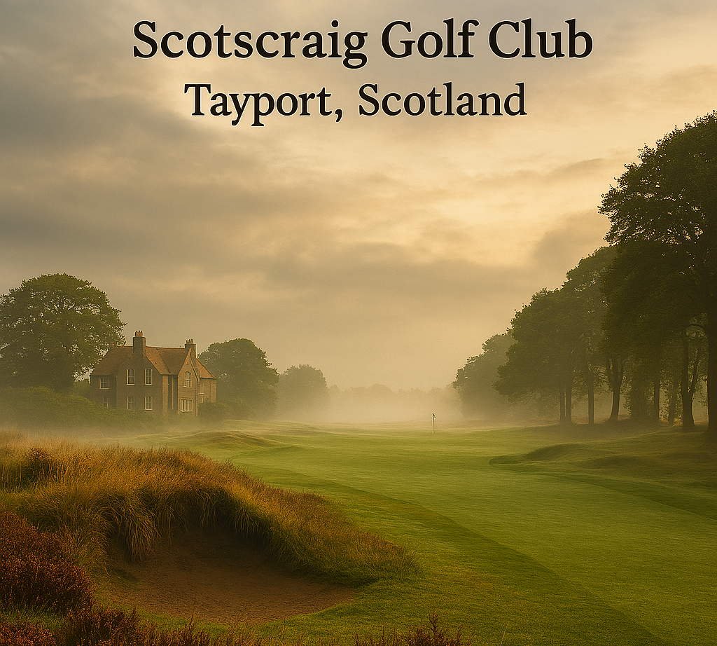 A misty early‑morning scene at Scotscraig Golf Club in Tayport, Scotland. Soft fog drifting across a heathland fairway, heather and gorse in the foreground, tall pines fading into the mist. Low, cool light with muted colours, calm atmosphere, no golfers present.