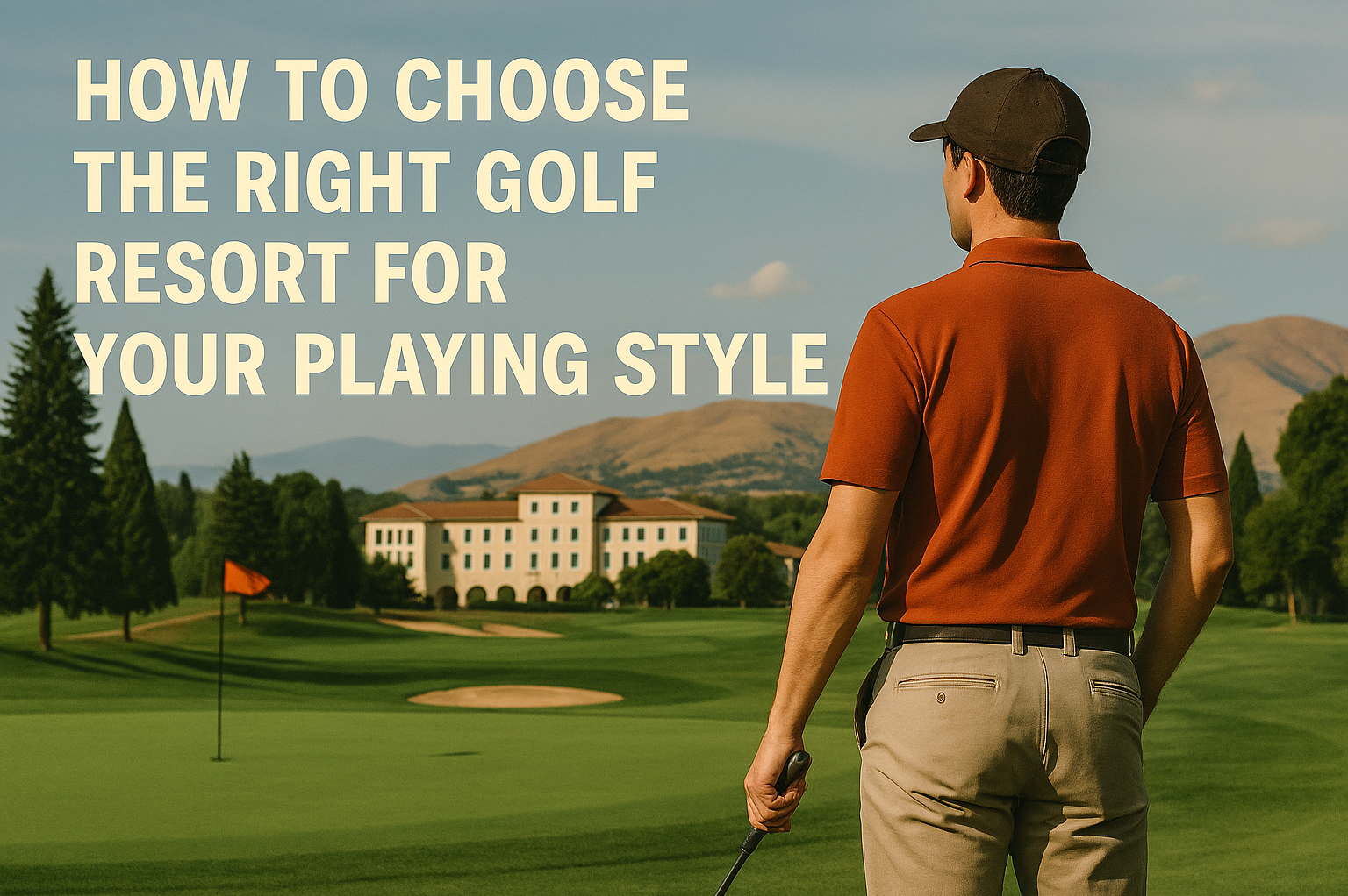 Create a realistic, rectangular image of a modern golf resort at sunrise. Include a well-manicured fairway, a gently curving cart path, a contemporary clubhouse in the distance, and soft golden light casting long shadows across the green. The scene should feel calm, inviting, and ideal for a golf holiday planning article.