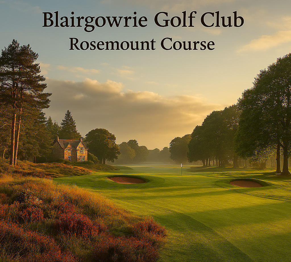 A scenic image of Blairgowrie Golf Club in Perthshire, Scotland. Early autumn light filters through tall pine and birch trees lining a wide fairway. The Rosemount course is shown with gentle undulations, manicured greens, and a peaceful, natural setting. No golfers present — just the quiet charm of a championship inland course.