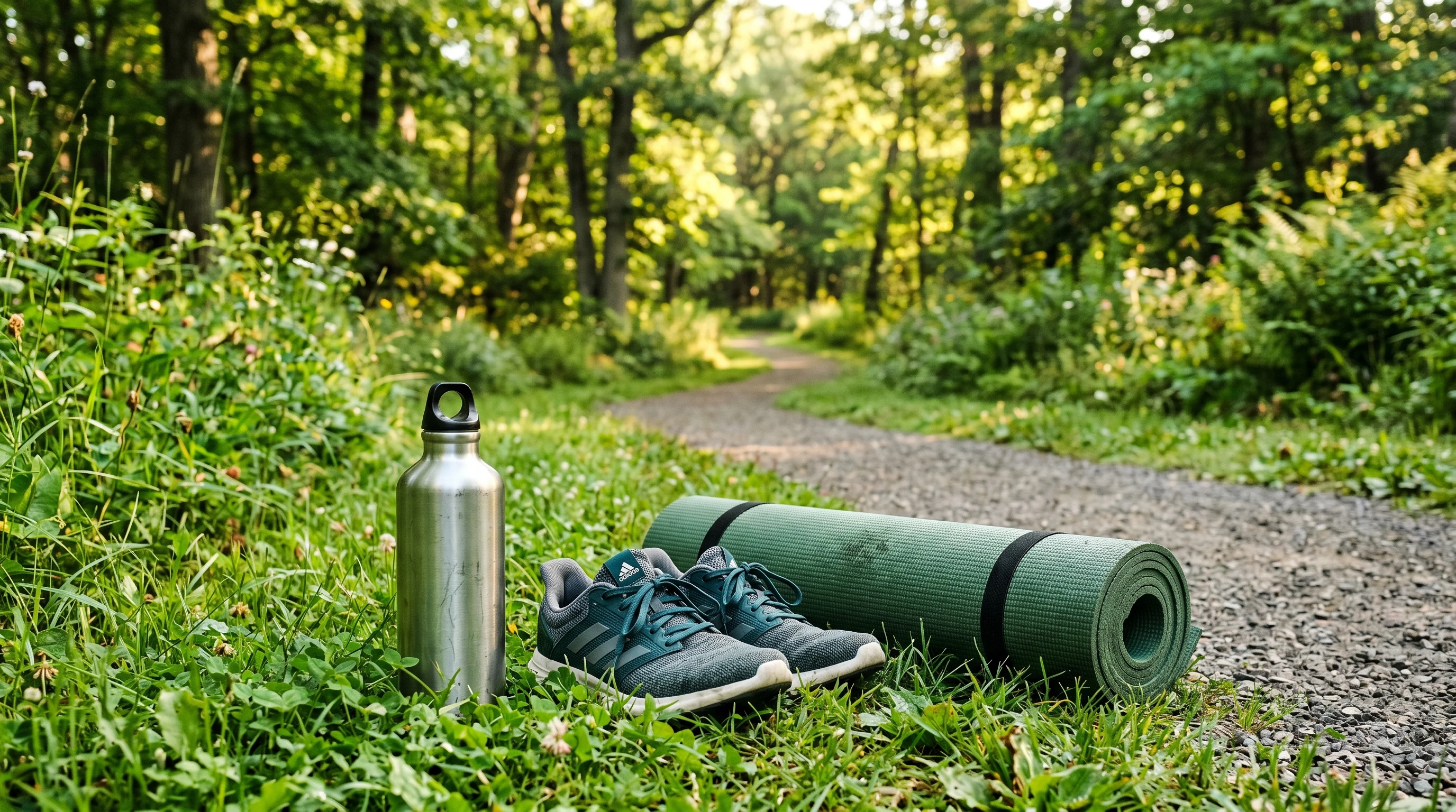 Green park trail with sunlight, fitness shoes, yoga mat, and water bottle on grass