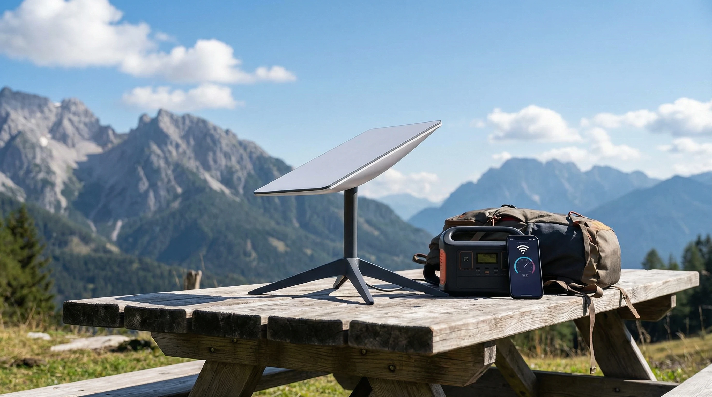 A Starlink Mini setup on an RV roof with open sky and distant mountains