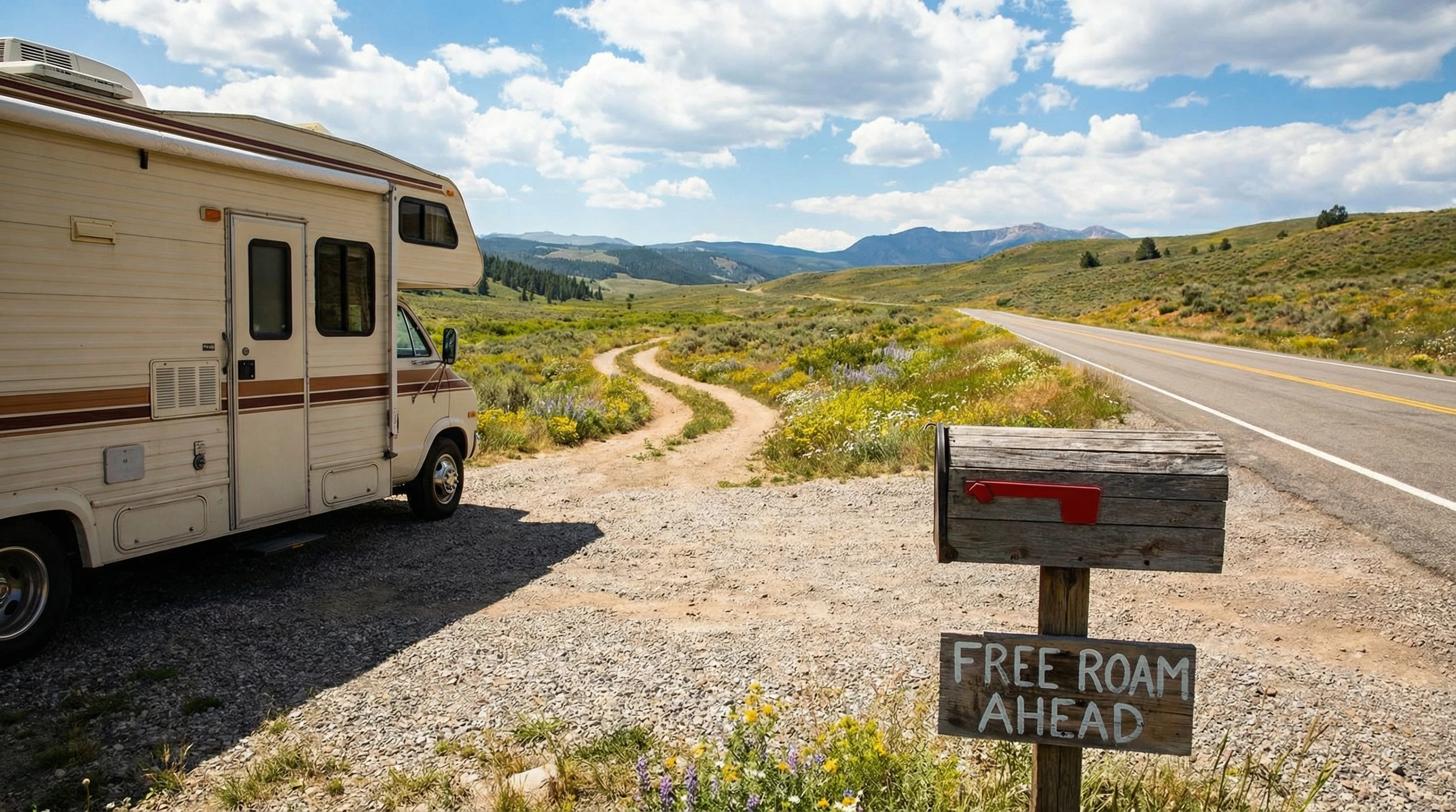 RV parked under blue sky with open road and mailbox