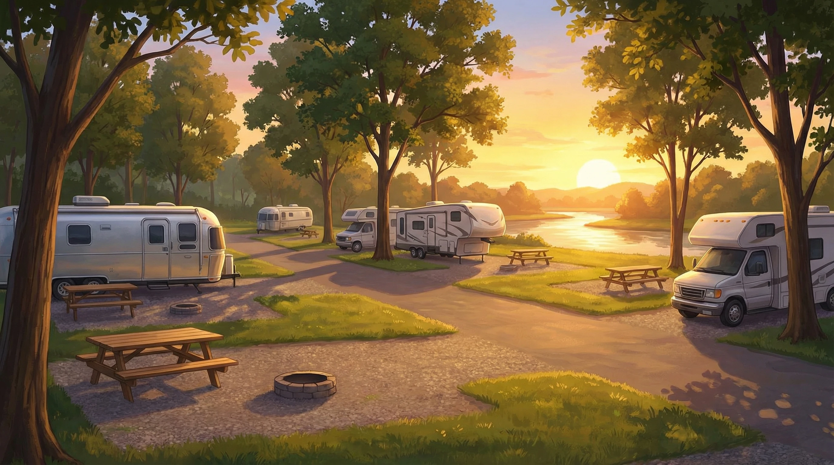 peaceful RV campground at sunset, showing neat campsites, trees, and well-spaced RVs