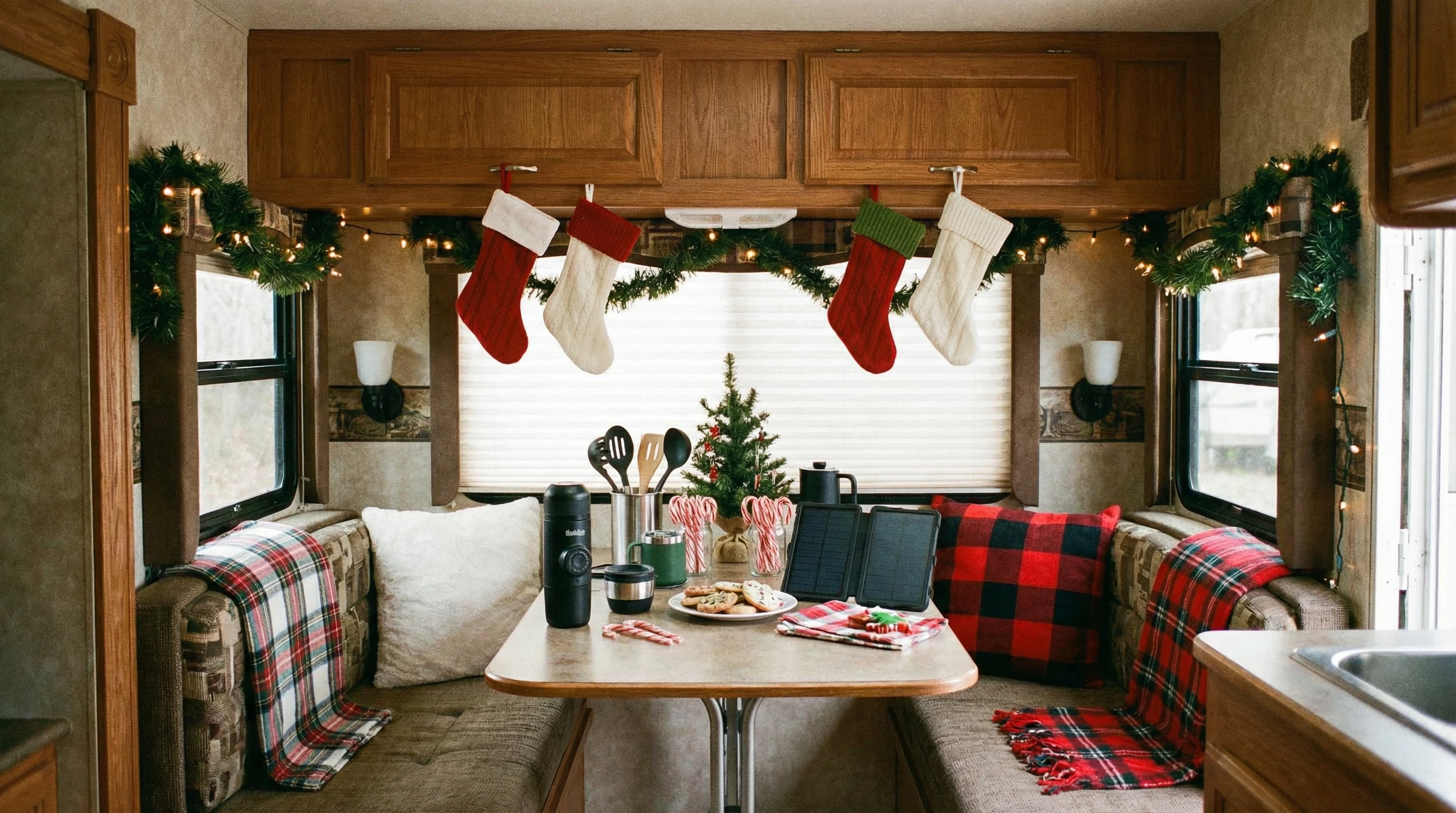A cozy RV interior decorated for the holidays with stockings and small camping gear gifts displayed on the table