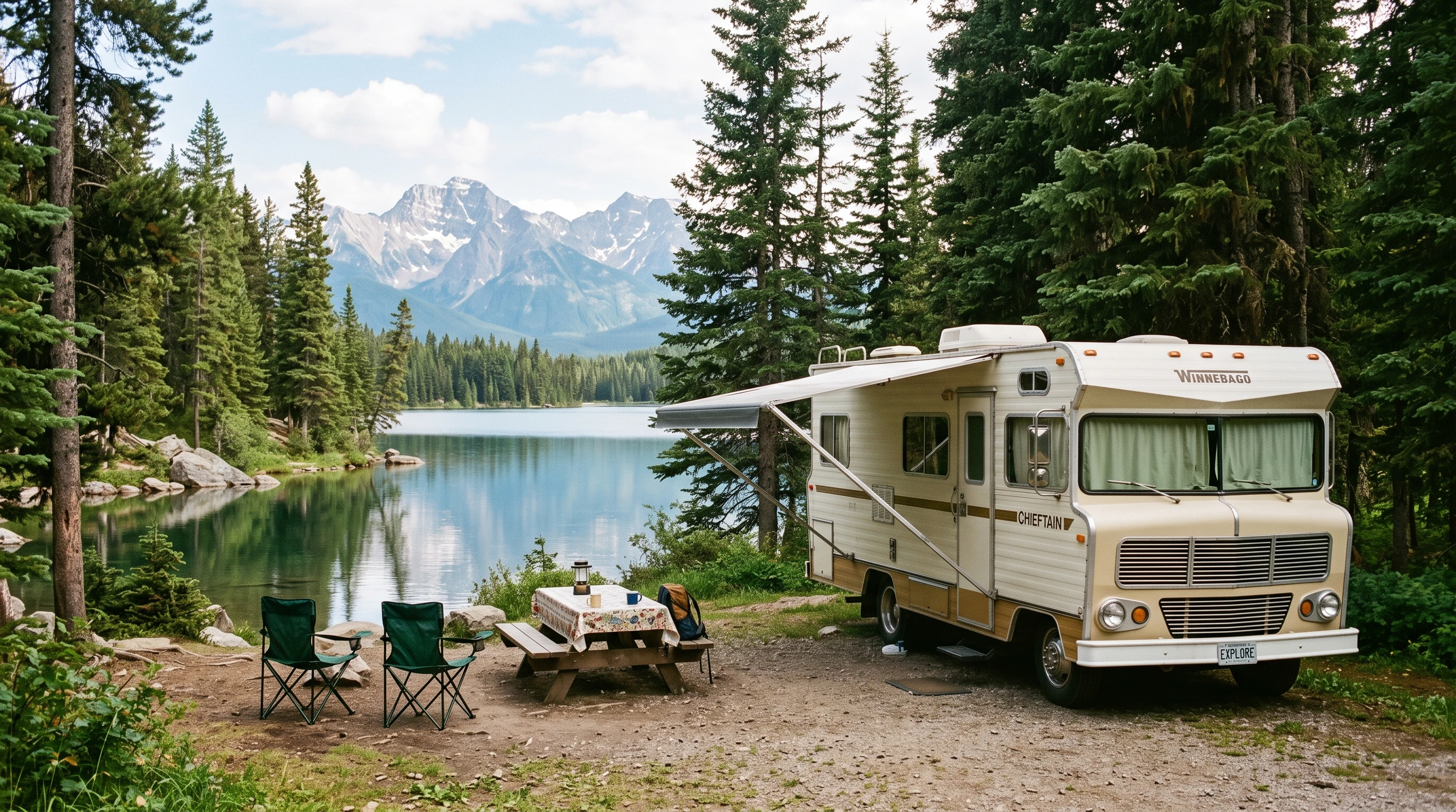 Scenic RV campsite near a forested lake, with trees reflecting in still water. A classic motorhome is parked with a chair and small table outside, surrounded by nature. No people visible.