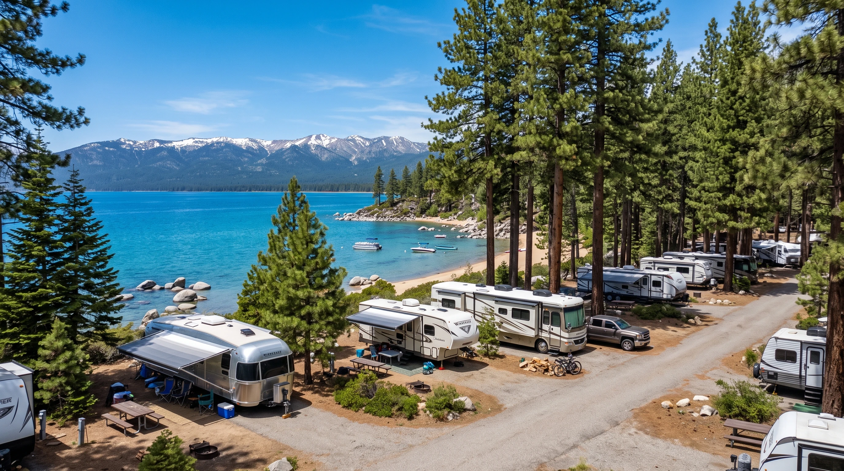 Lake Tahoe Zephyr Cove RV campground by the lakeshore, pine trees, and parked RVs on a sunny day