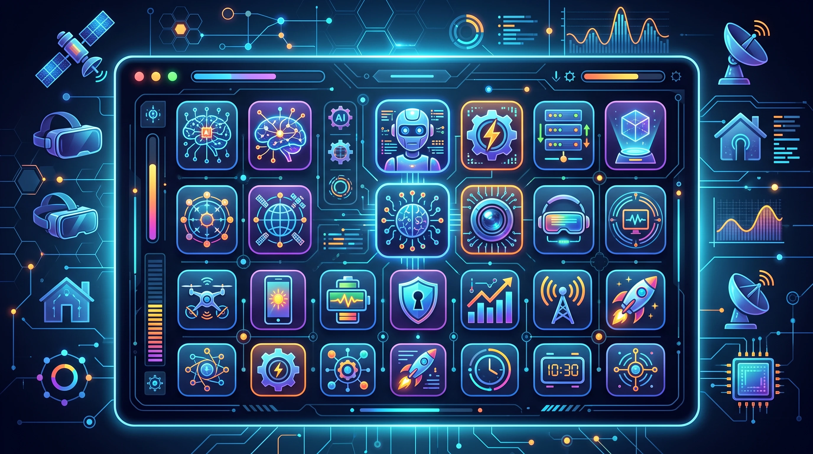 Colorful digital interface with AI icons and technology objects