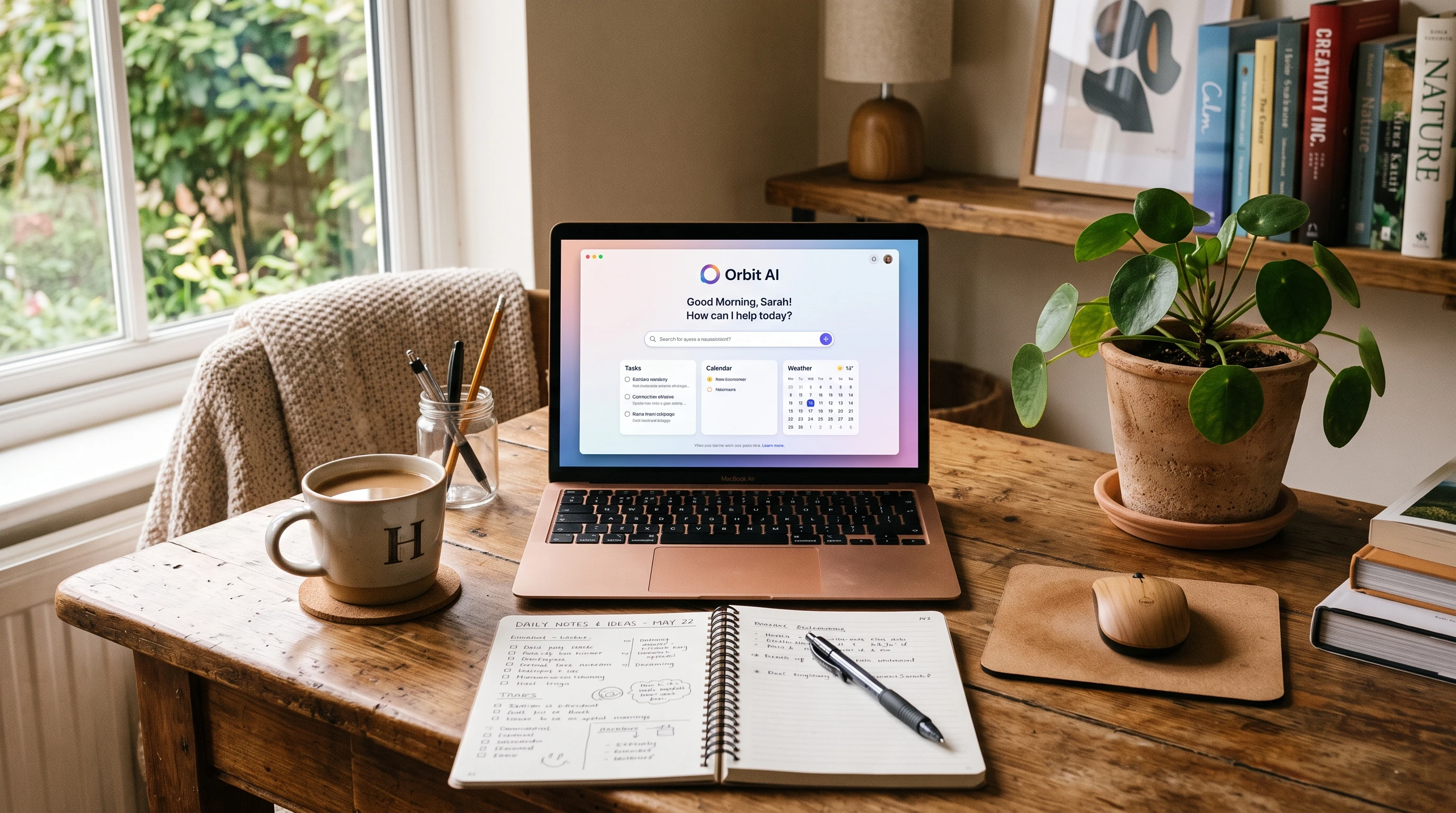 A digital assistant interface on a laptop surrounded by coffee, papers, and plants