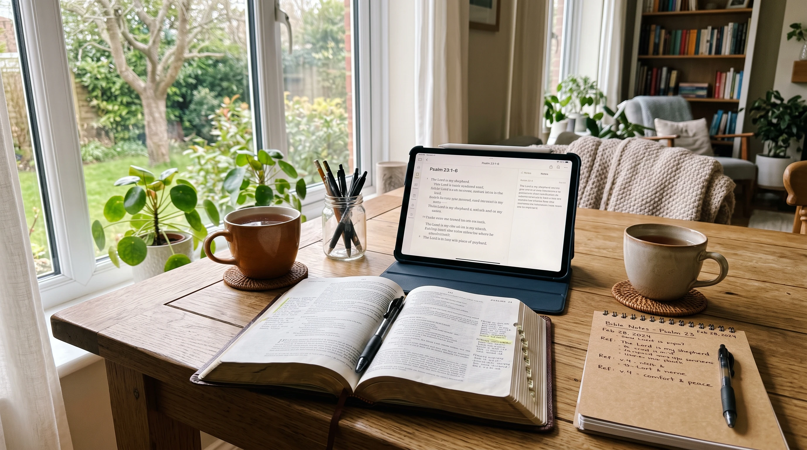 Open Bible with digital tablet and notebook on a table