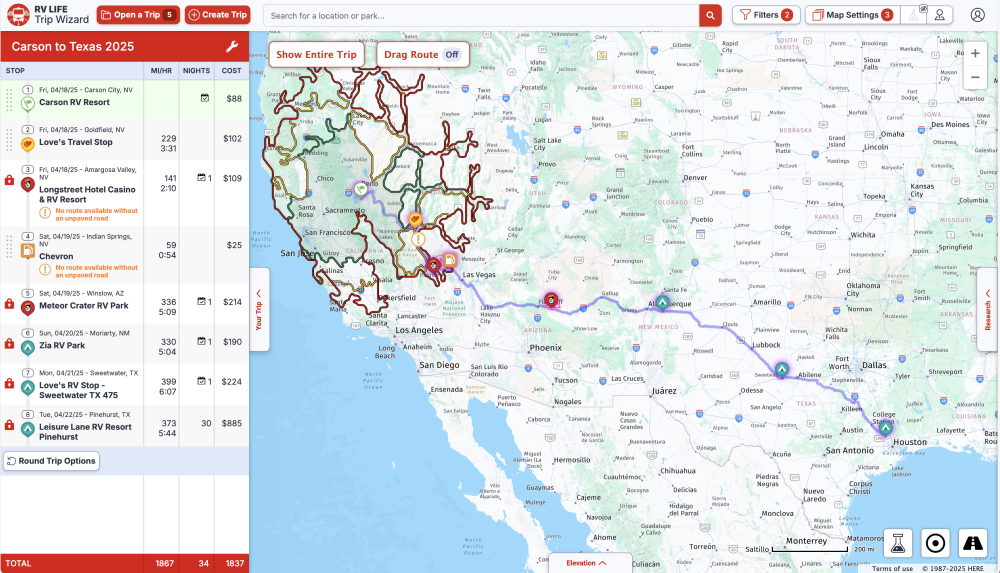 RV Trip Wizard NV to TX