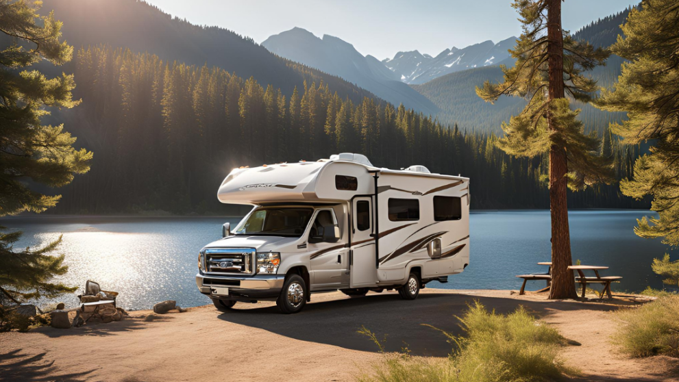 Class C RV by a lake