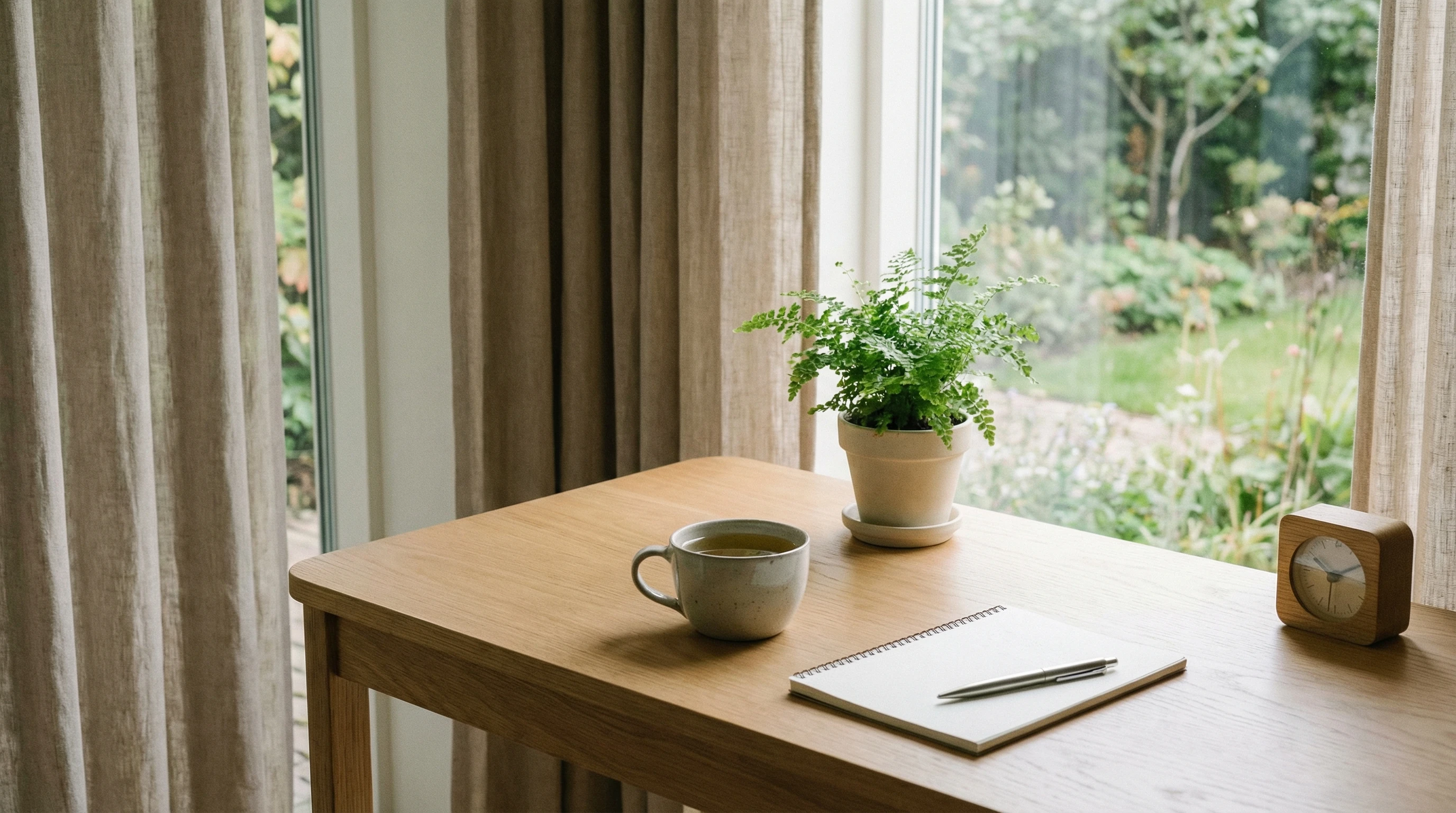 A clean desk with minimal clutter and soft natural lighting, symbolizing a calm mind and mental clarity. The scene includes a closed notebook, a cup of herbal tea, and a small plant next to an open window overlooking trees.