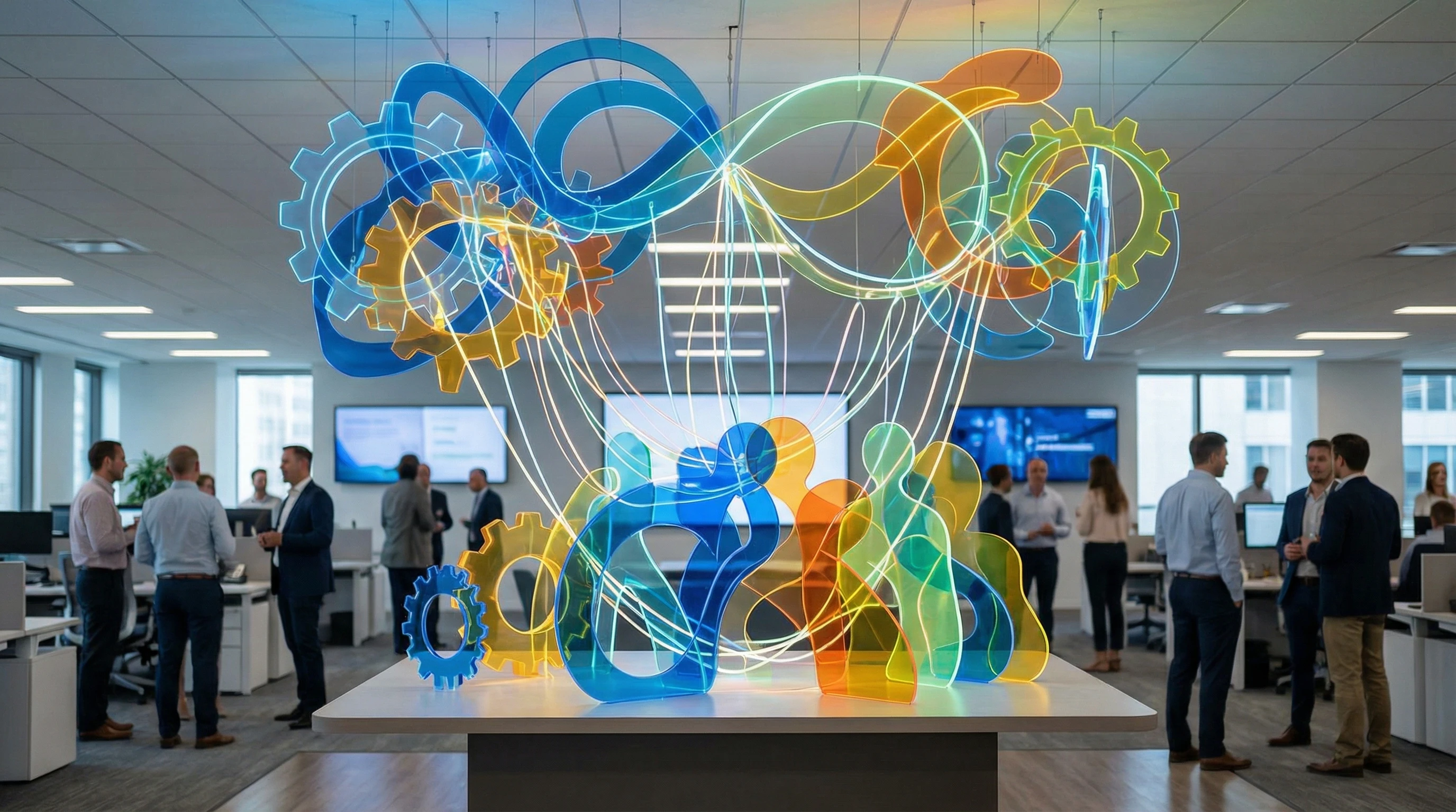 Colorful abstract shapes symbolizing connection and interaction in a workplace environment