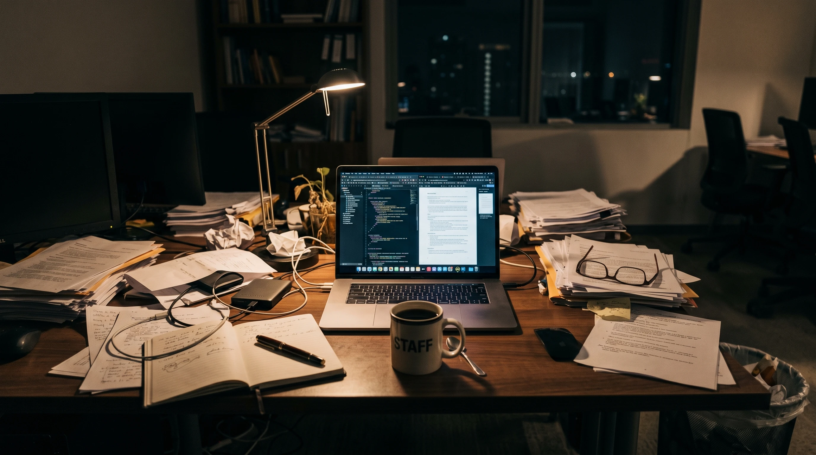A dimly lit office desk with scattered papers, a laptop, and an untouched coffee mug, representing long hours and neglected self-care.
