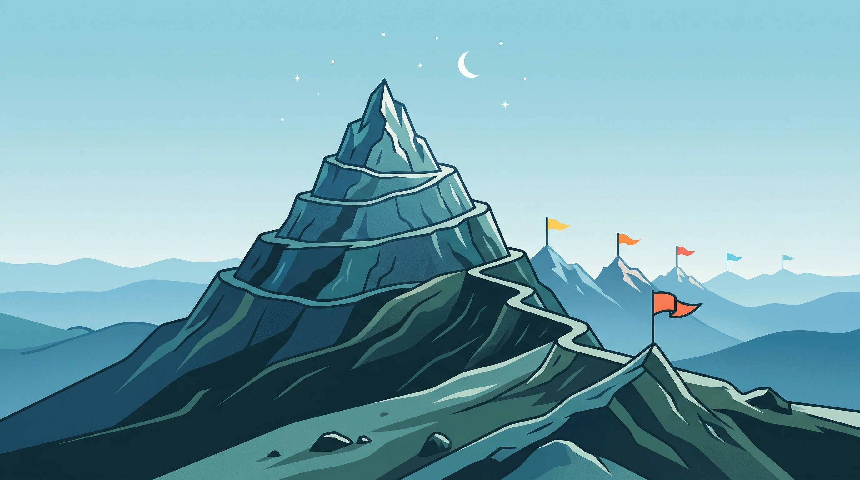 A symbolic image of a mountain summit with layered heights and distant flags marking new peaks. A minimalist, stylized illustration without people or text.