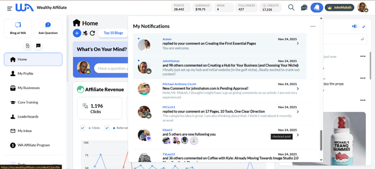 Wealthy Affiliate Notifications screenshot