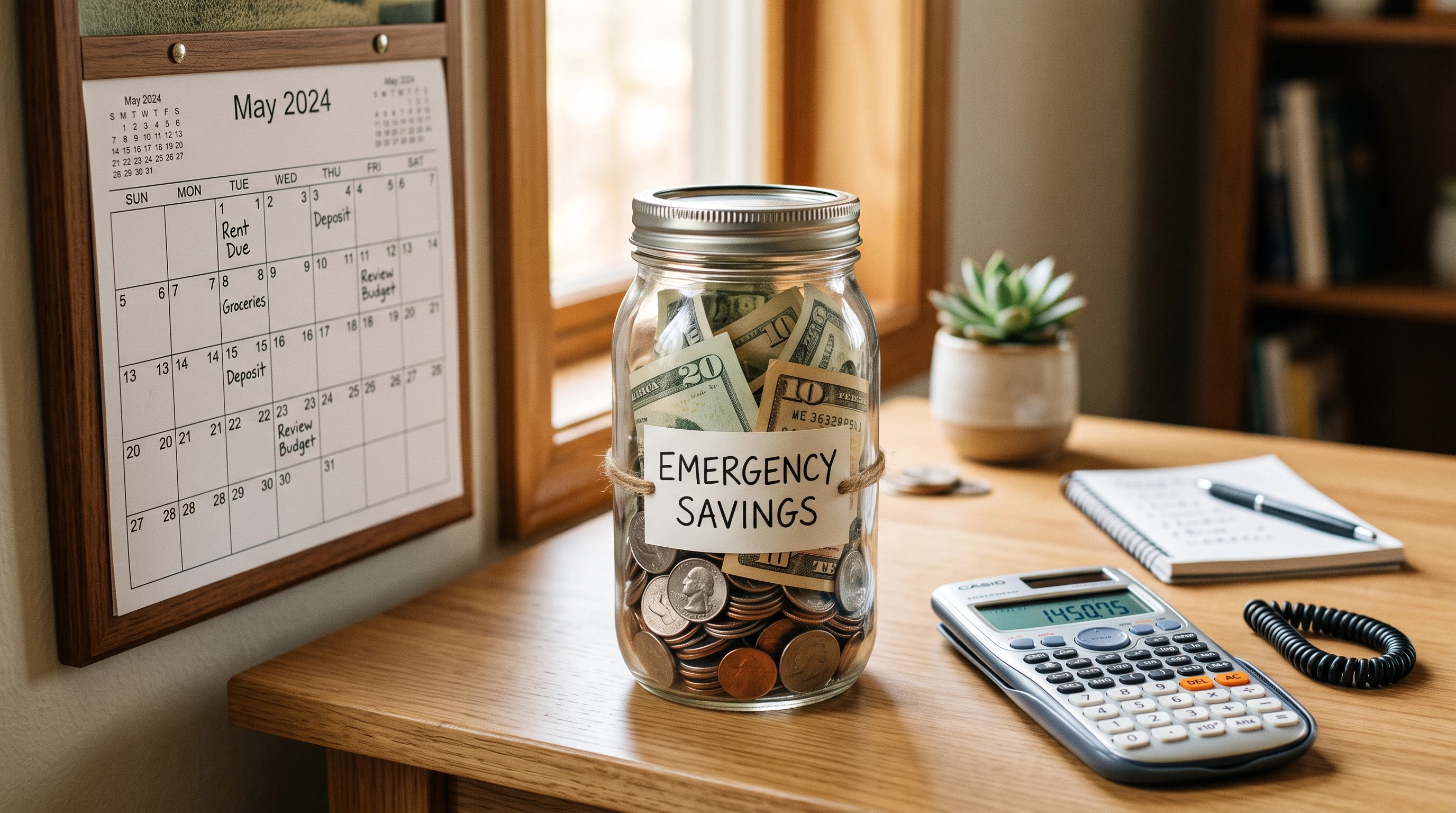 Emergency fund concept: overflowing glass jar filled with coins and labeled 'emergency savings', with a calendar and calculator in the background.