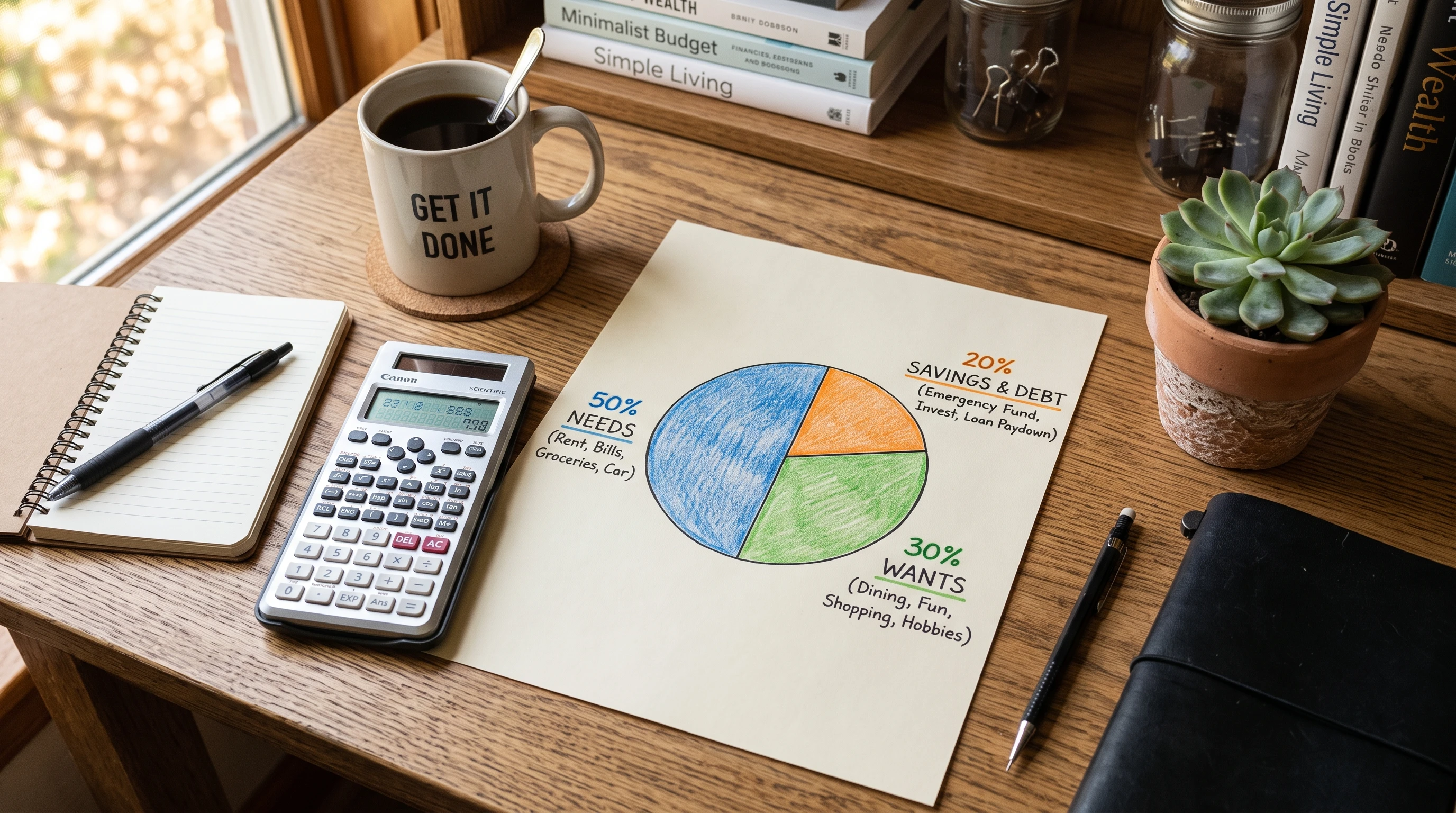 A pie chart showing the 50/30/20 Rule for budgeting, with three segments labeled Needs, Wants, and Savings/Financial Goals. The chart sits on top of a desk with a calculator, notepad, and cup of coffee nearby.