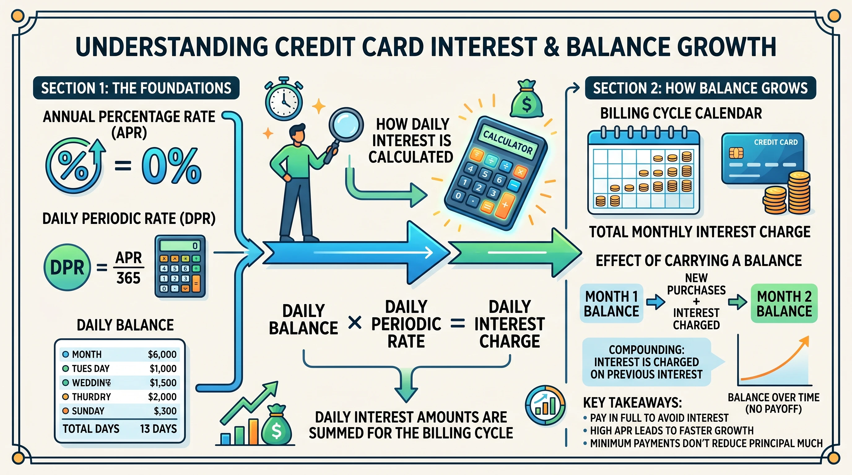 An illustrated diagram showing how credit card interest is calculated, including a calendar, calculator, and credit card icons.